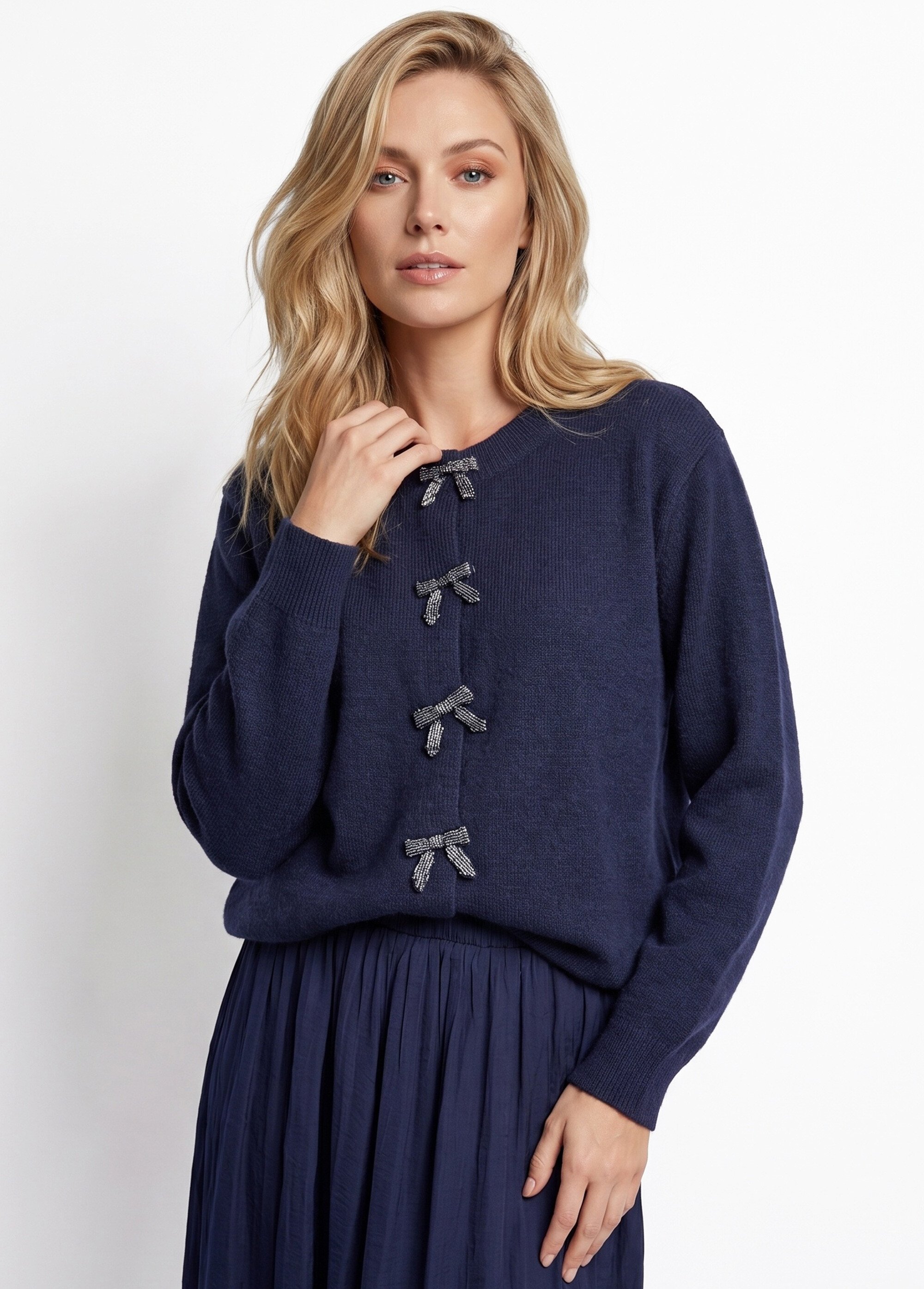 Gilet avec détails nœud perles de rocaille Femme Bleu MA-603109 MV1