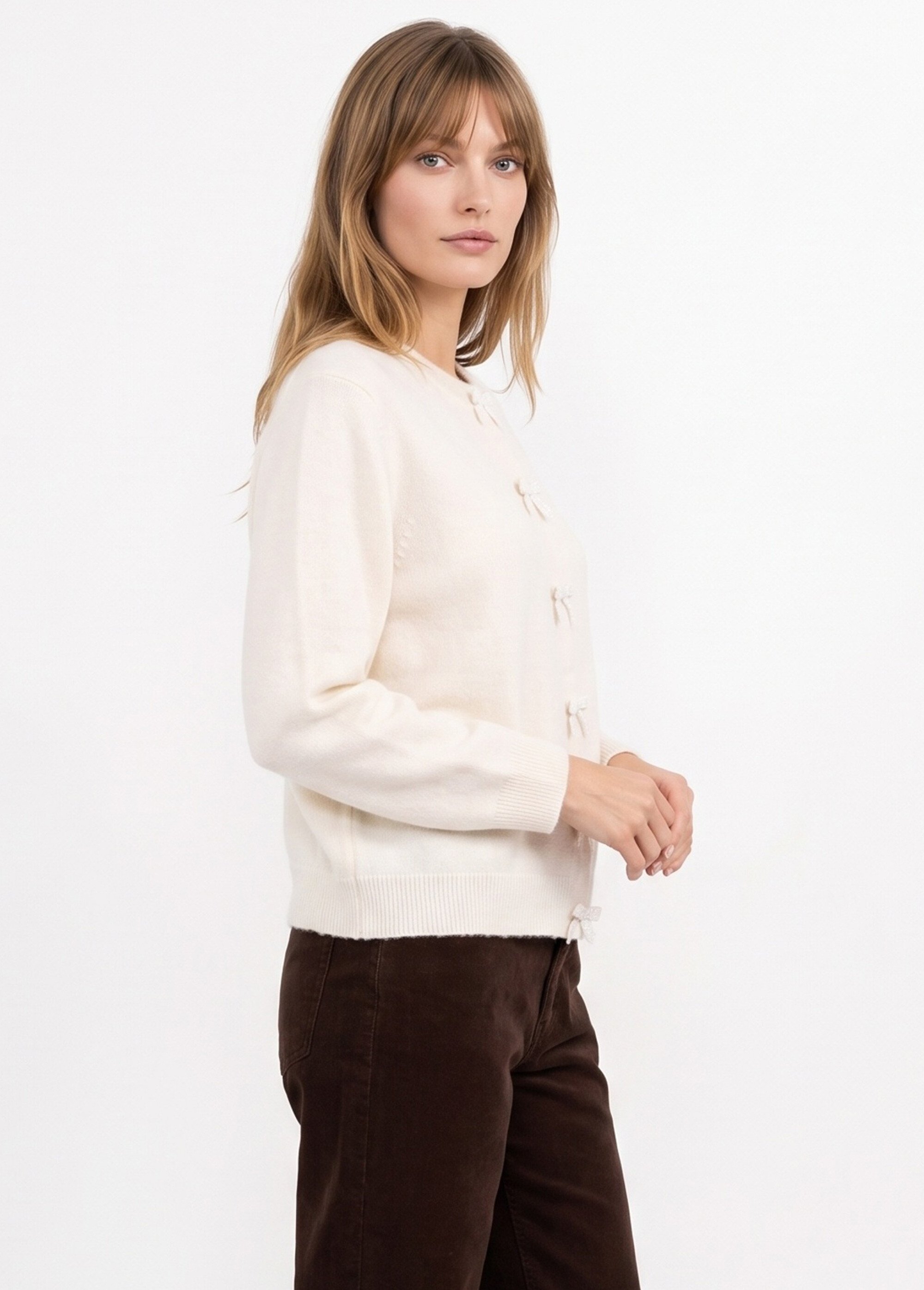 Gilet avec détails nœud perles de rocaille Femme Beige MA-603109 DR1