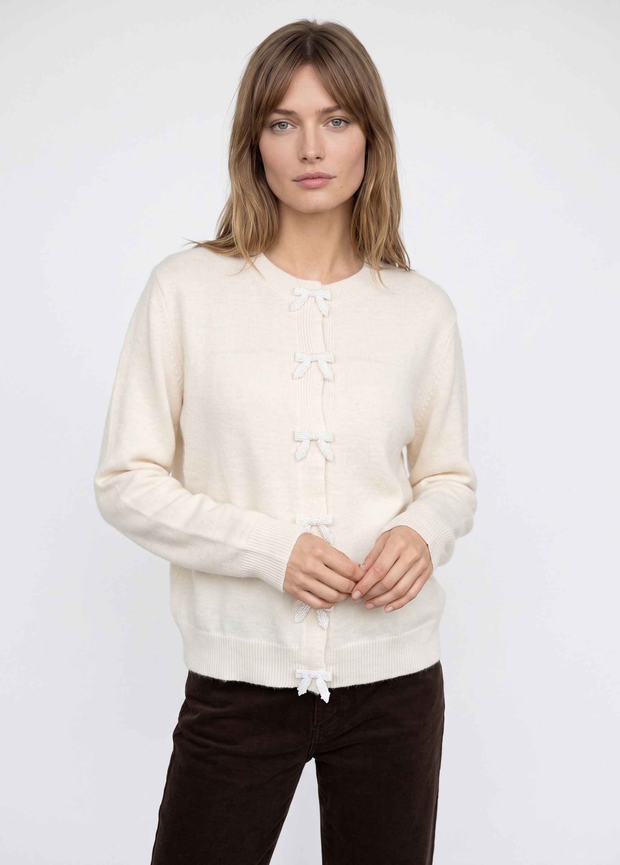 Gilet avec détails nœud perles de rocaille Femme Beige MA-603109 FA1