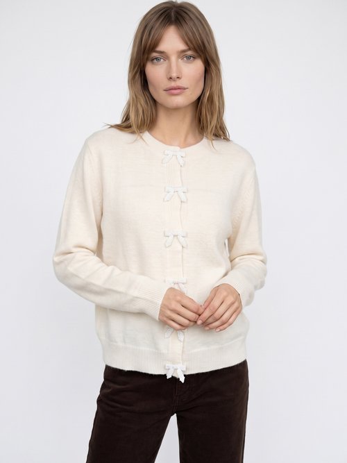 Gilet avec détails nœud perles de rocaille Femme Beige MA-603109 FA1