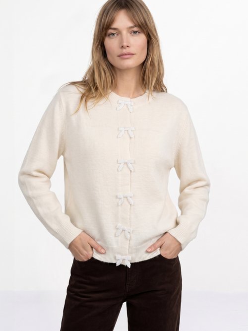 Gilet avec détails nœud perles de rocaille Femme Beige MA-603109 MV1