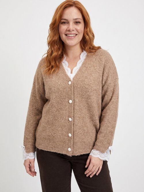 Gilet avec laine et détails dentelle Femme Grande Taille Marron MA-72870 FA1