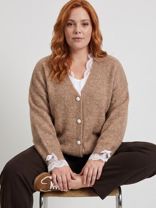 Gilet avec laine et détails dentelle Femme Grande Taille Marron MA-72870 MV1