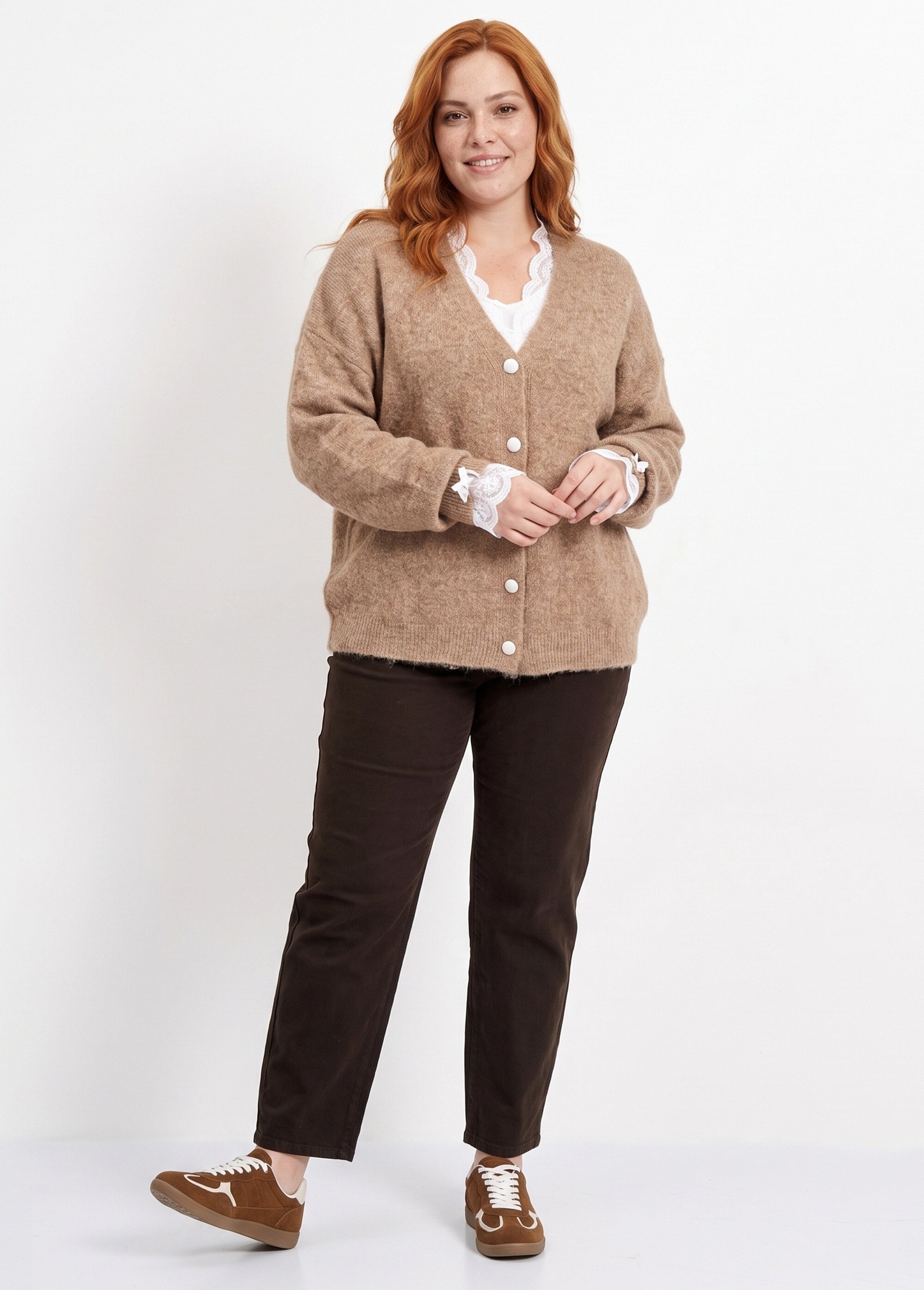 Gilet avec laine et détails dentelle Femme Grande Taille Marron MA-72870 SI1