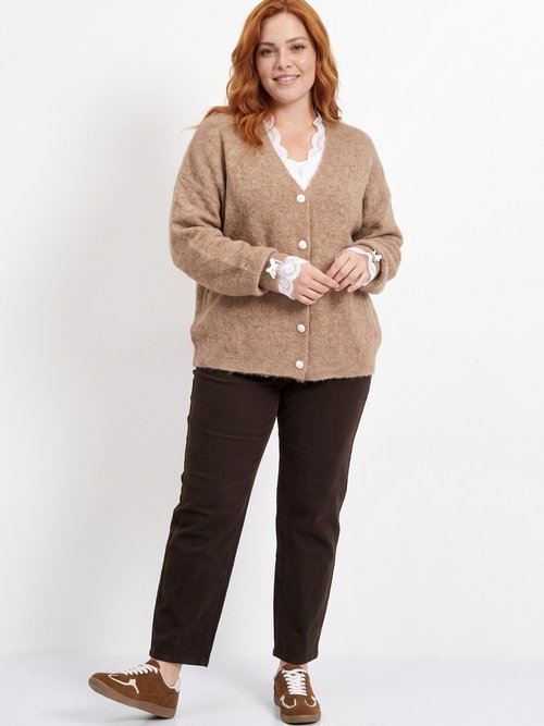Gilet avec laine et détails dentelle Femme Grande Taille Marron MA-72870 SI1