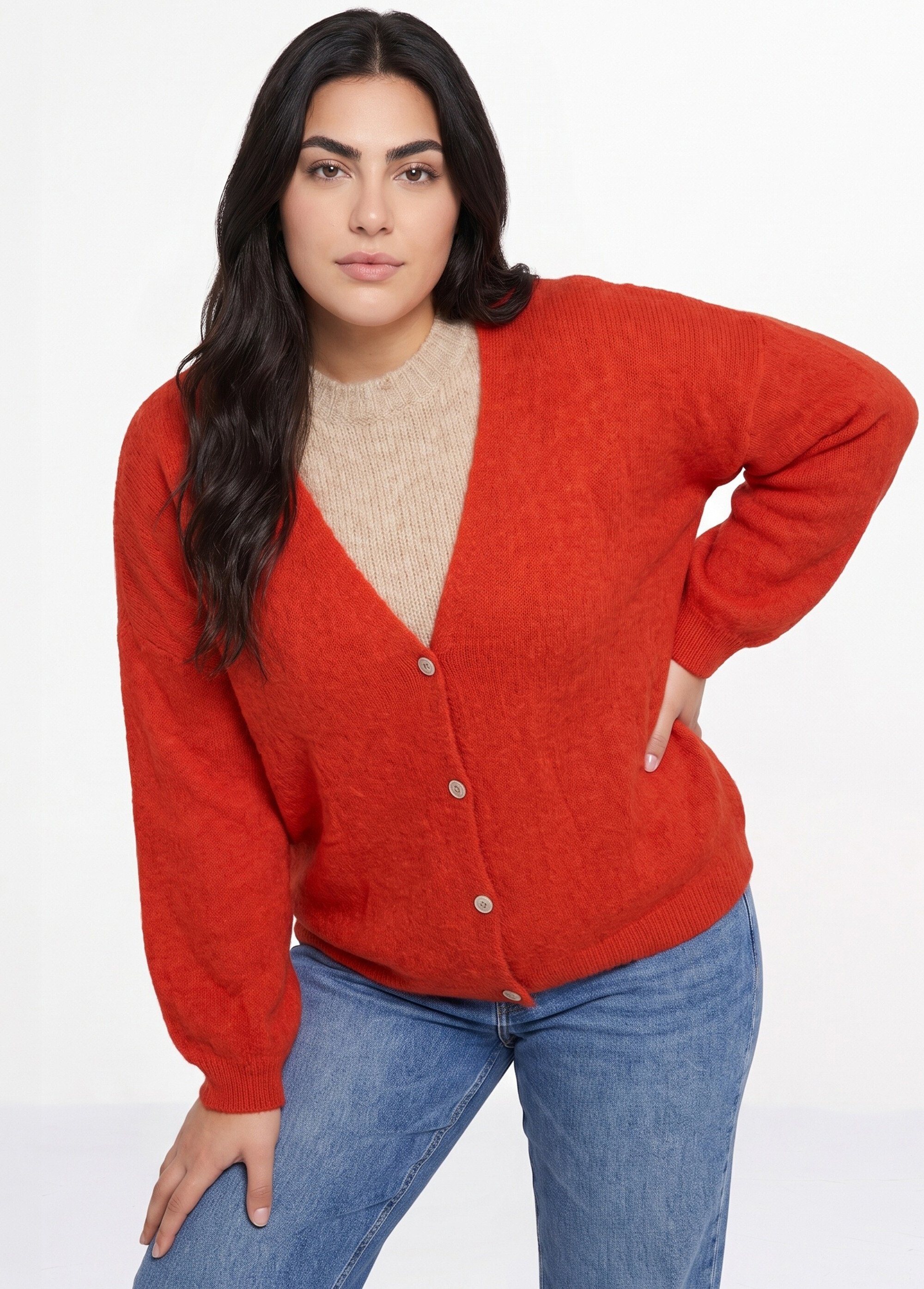 Gilet doux chaud tendance avec alpaga Femme Grande Taille Rose MA-3179 MV1