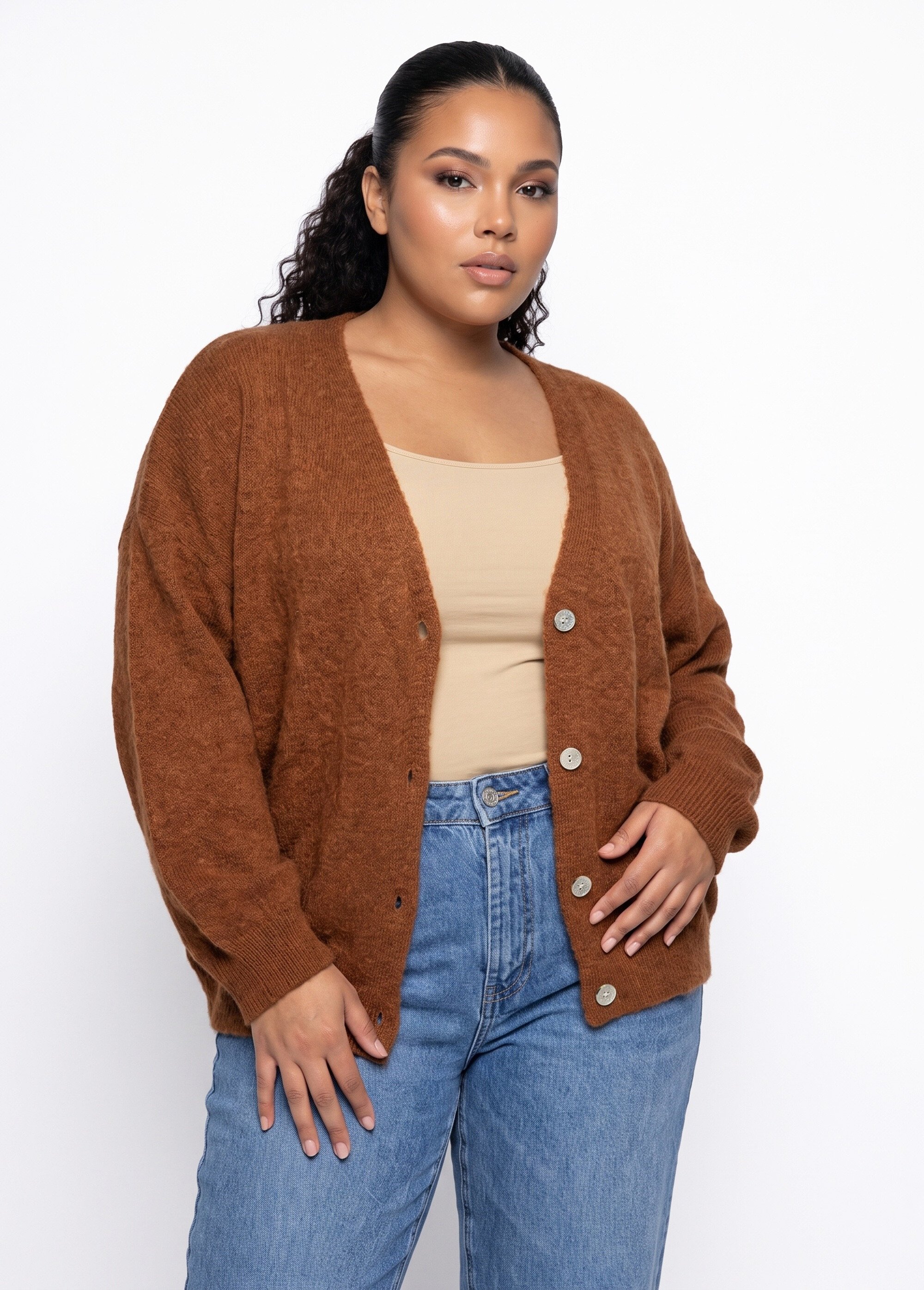 Gilet doux chaud tendance avec alpaga Femme Grande Taille Marron MA-3179 FA1