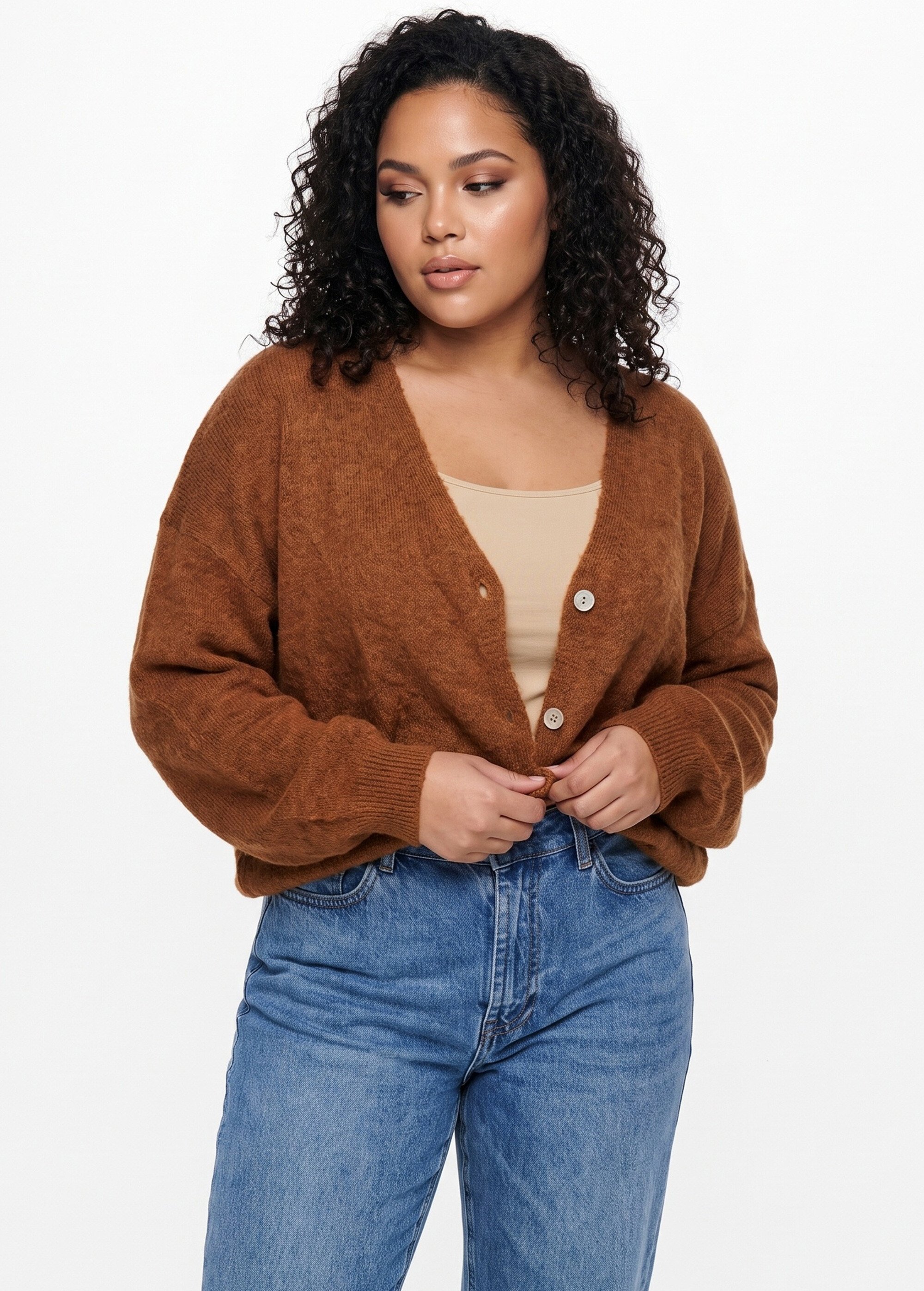 Gilet doux chaud tendance avec alpaga Femme Grande Taille Marron MA-3179 MV1