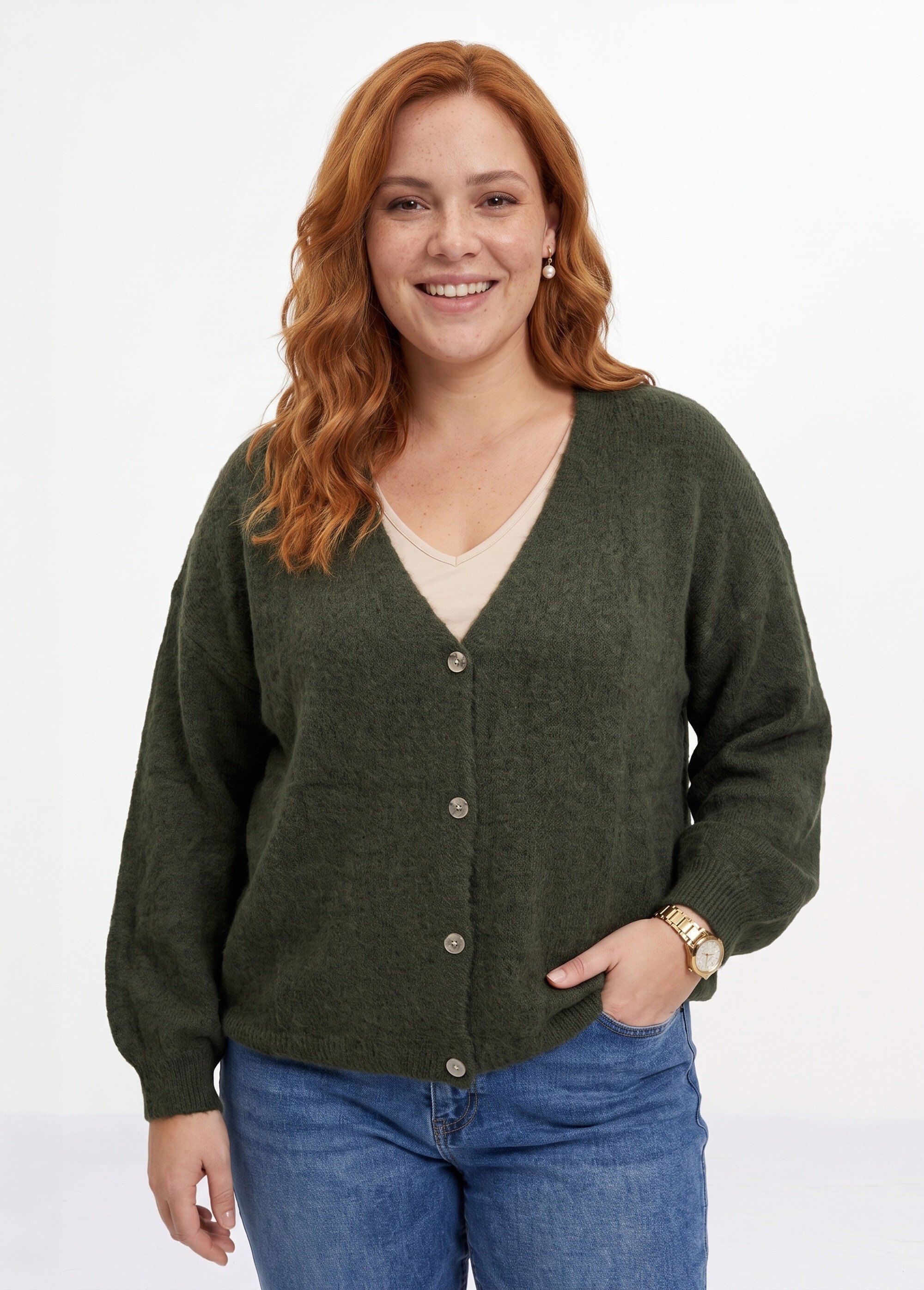 Gilet doux chaud tendance avec alpaga Femme Grande Taille Vert MA-3179 FA1