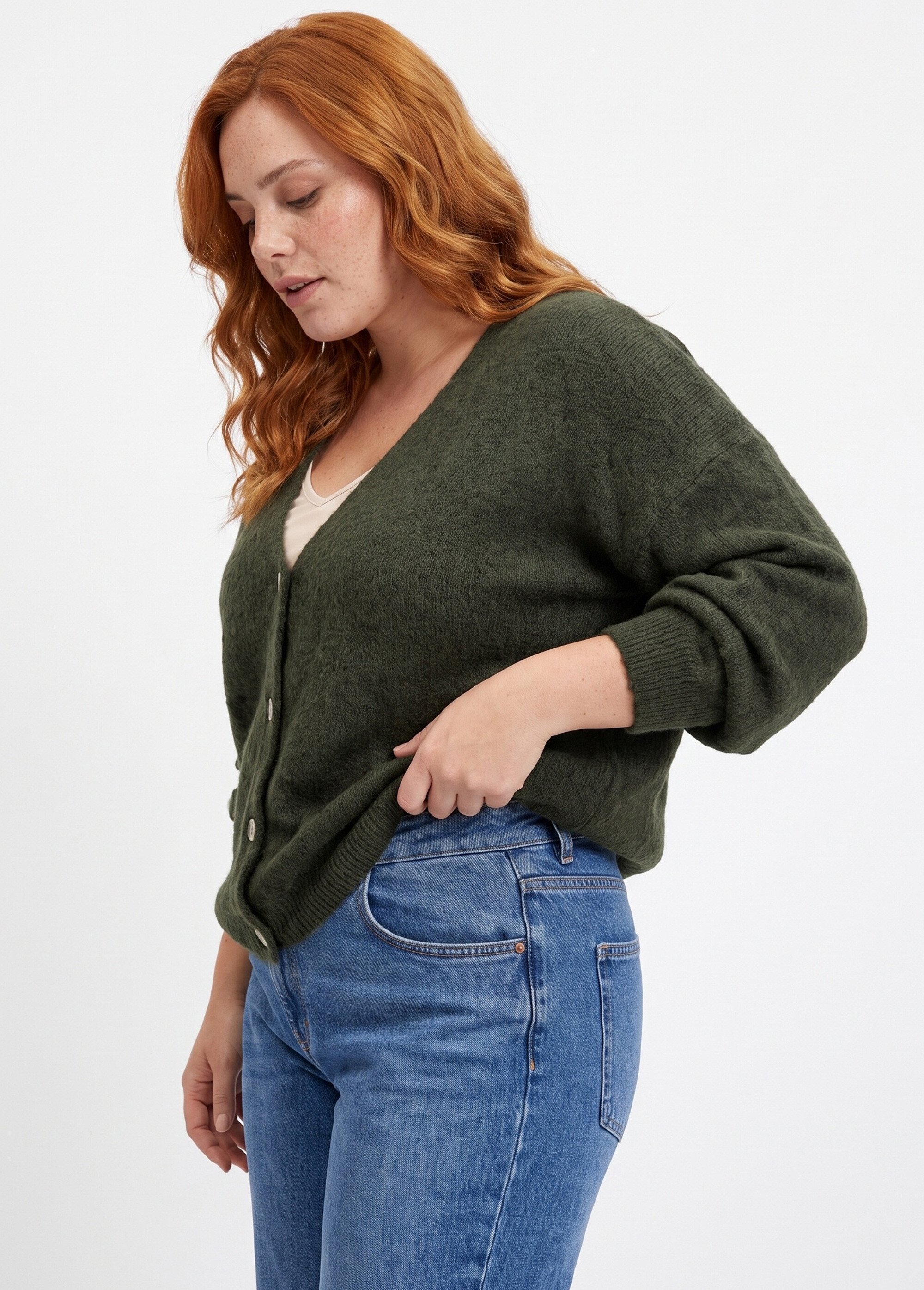 Gilet doux chaud tendance avec alpaga Femme Grande Taille Vert MA-3179 MV1