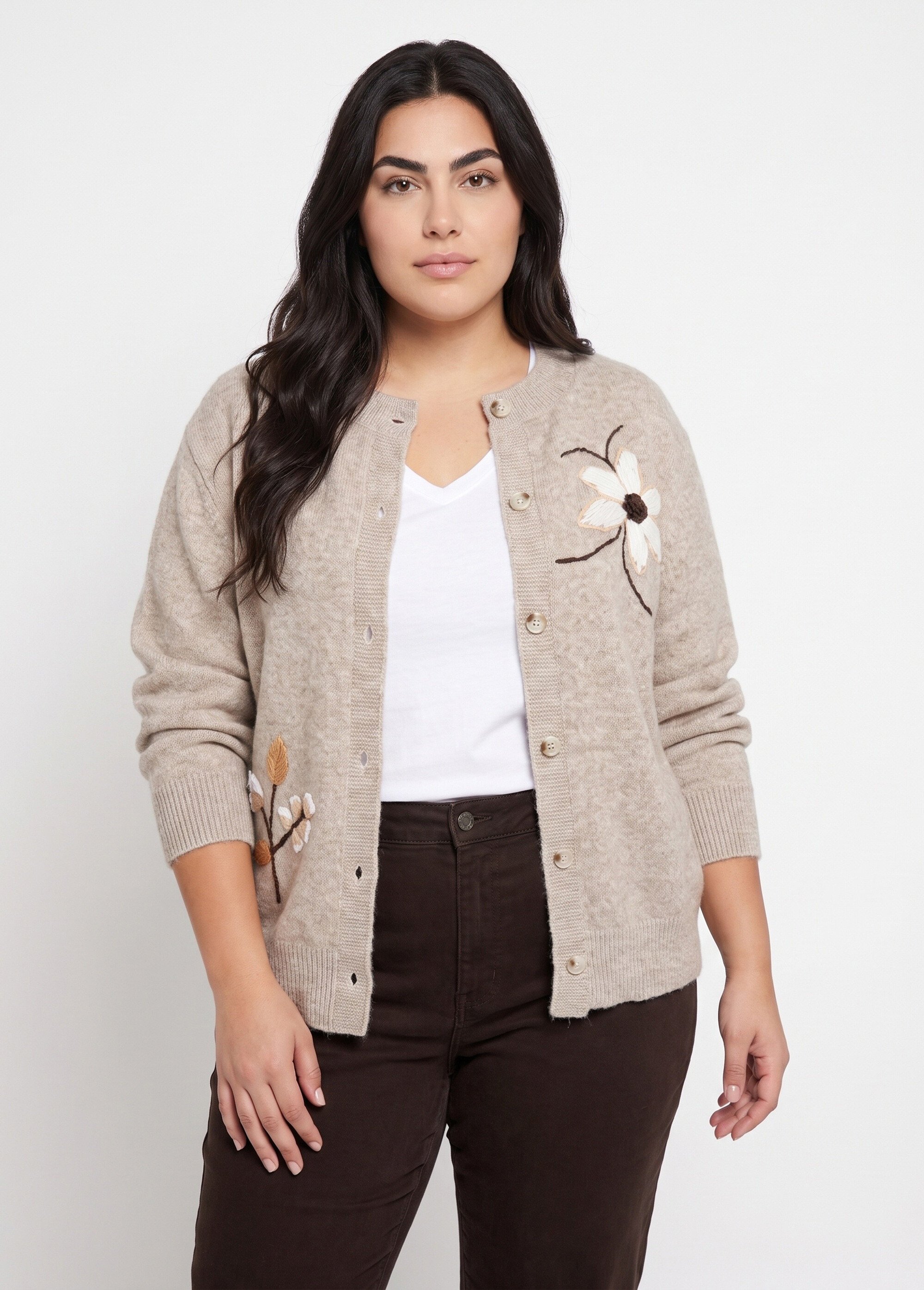 Gilet épais maille avec broderies fleurs Femme Grande Taille Beige MA-88559 FA1