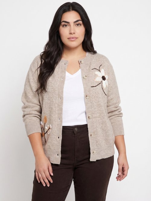 Gilet épais maille avec broderies fleurs Femme Grande Taille Beige MA-88559 FA1