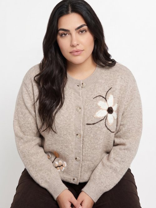 Gilet épais maille avec broderies fleurs Femme Grande Taille Beige MA-88559 MV1