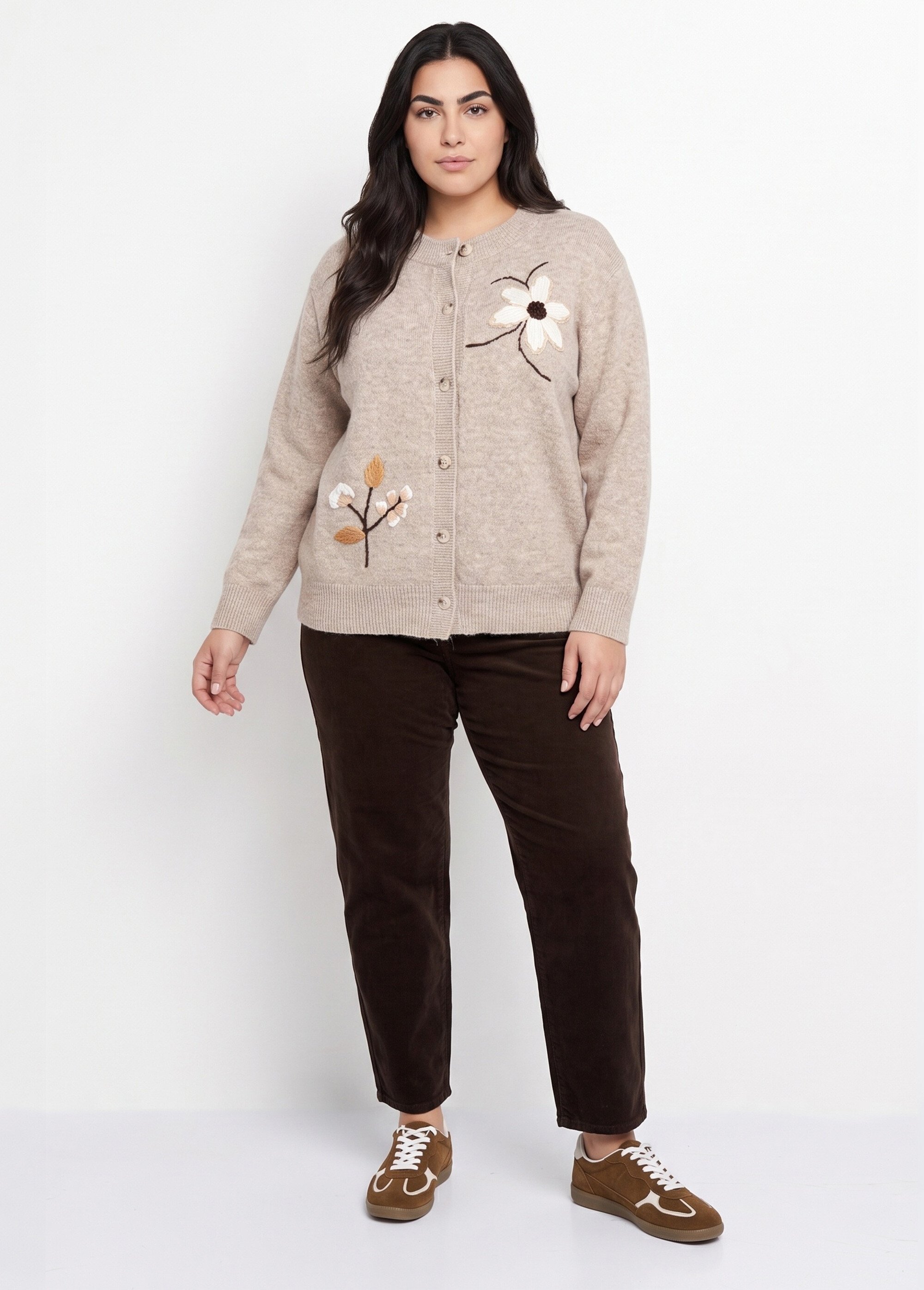 Gilet épais maille avec broderies fleurs Femme Grande Taille Beige MA-88559 SI1