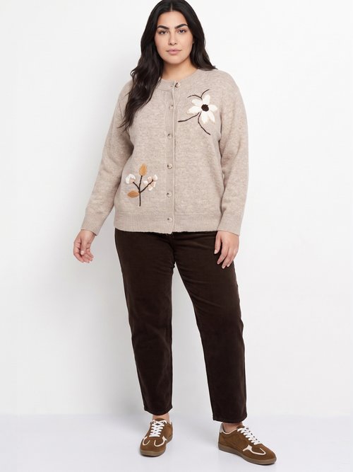 Gilet épais maille avec broderies fleurs Femme Grande Taille Beige MA-88559 SI1