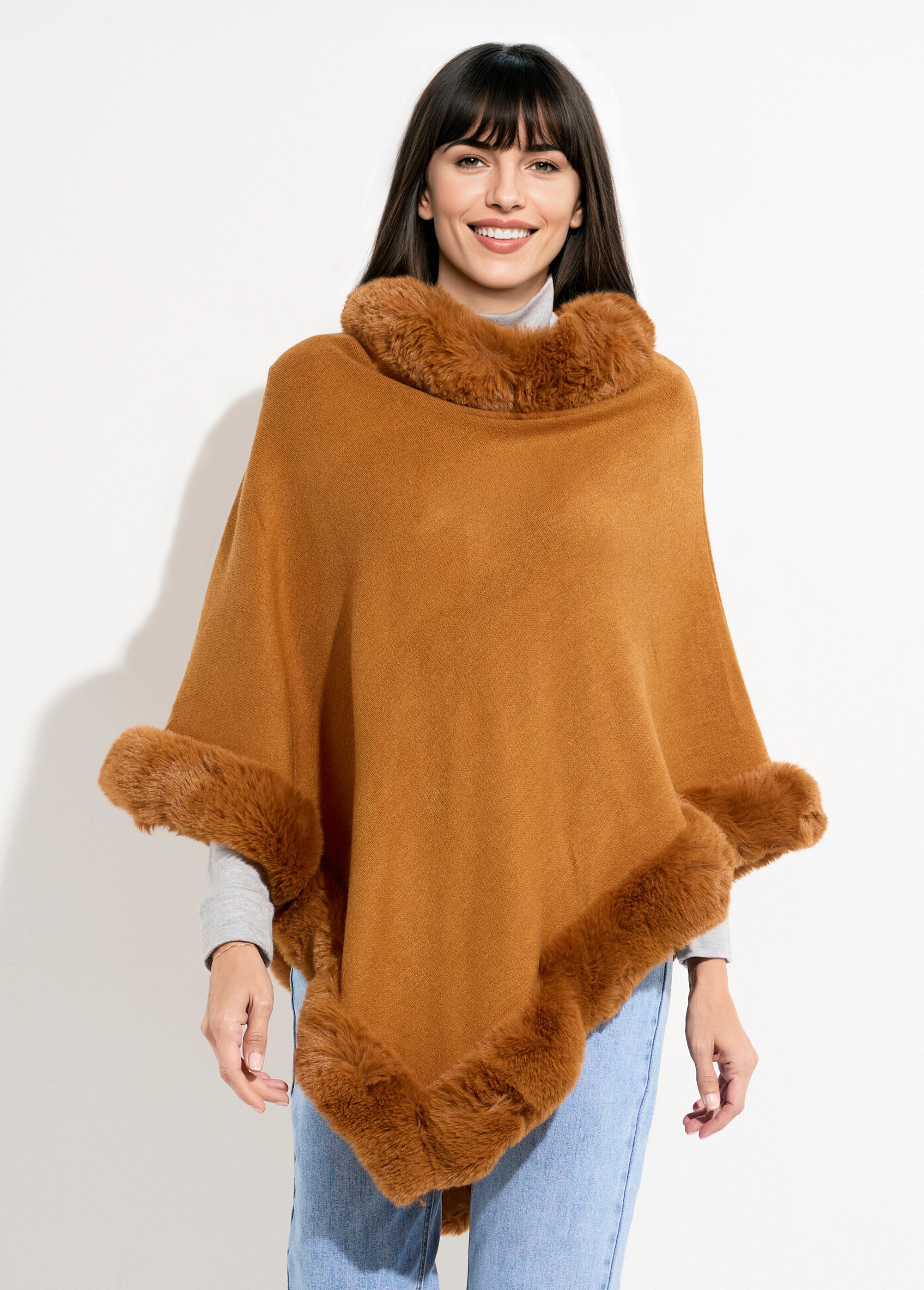 Pull cape, bord fourrure ton sur ton Femme Beige TD-TRIPCH911 FA1