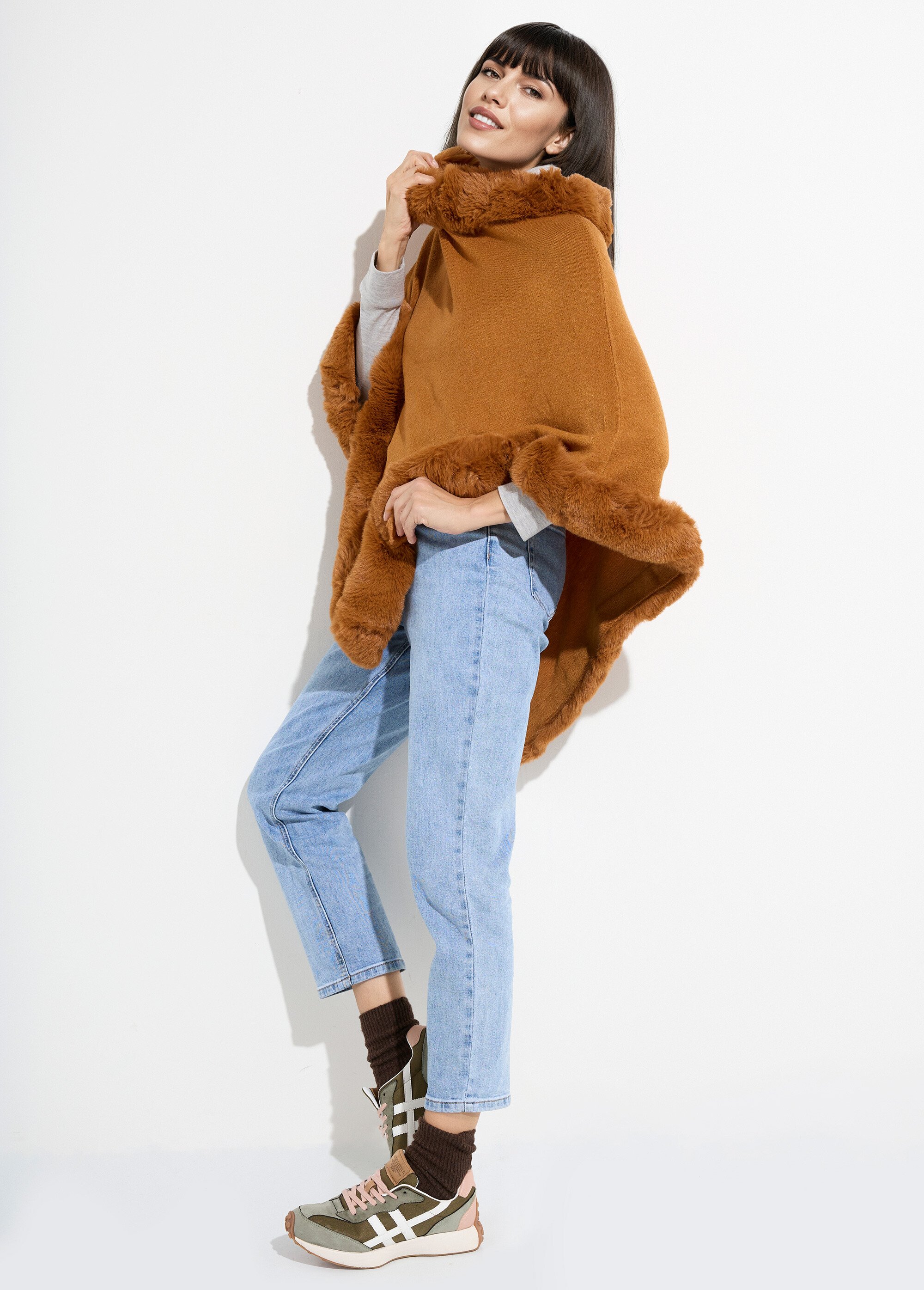 Pull cape, bord fourrure ton sur ton Femme Beige TD-TRIPCH911 SI1
