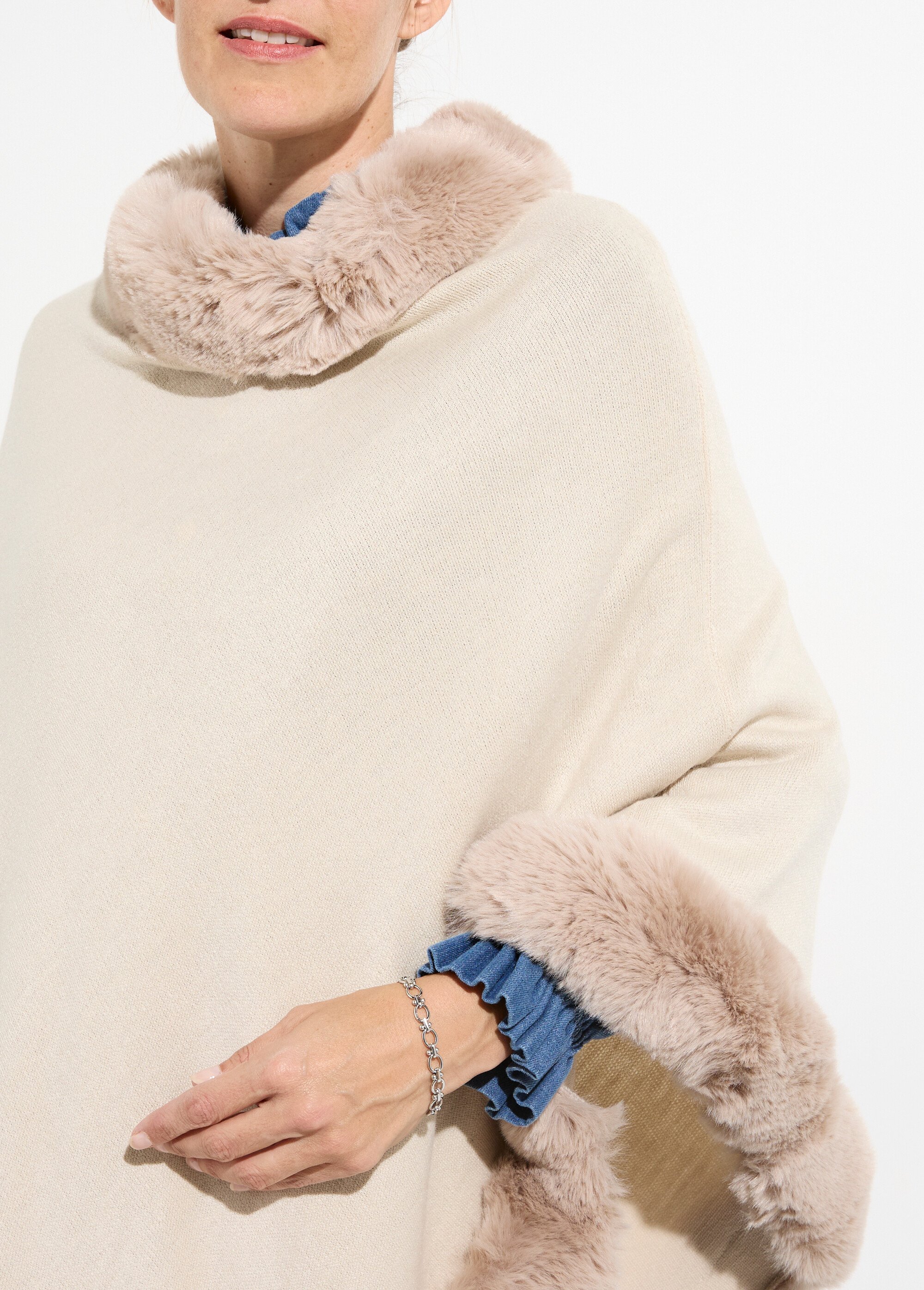 Pull cape, bord fourrure ton sur ton Femme Beige TD-TRIPCH911 DE1
