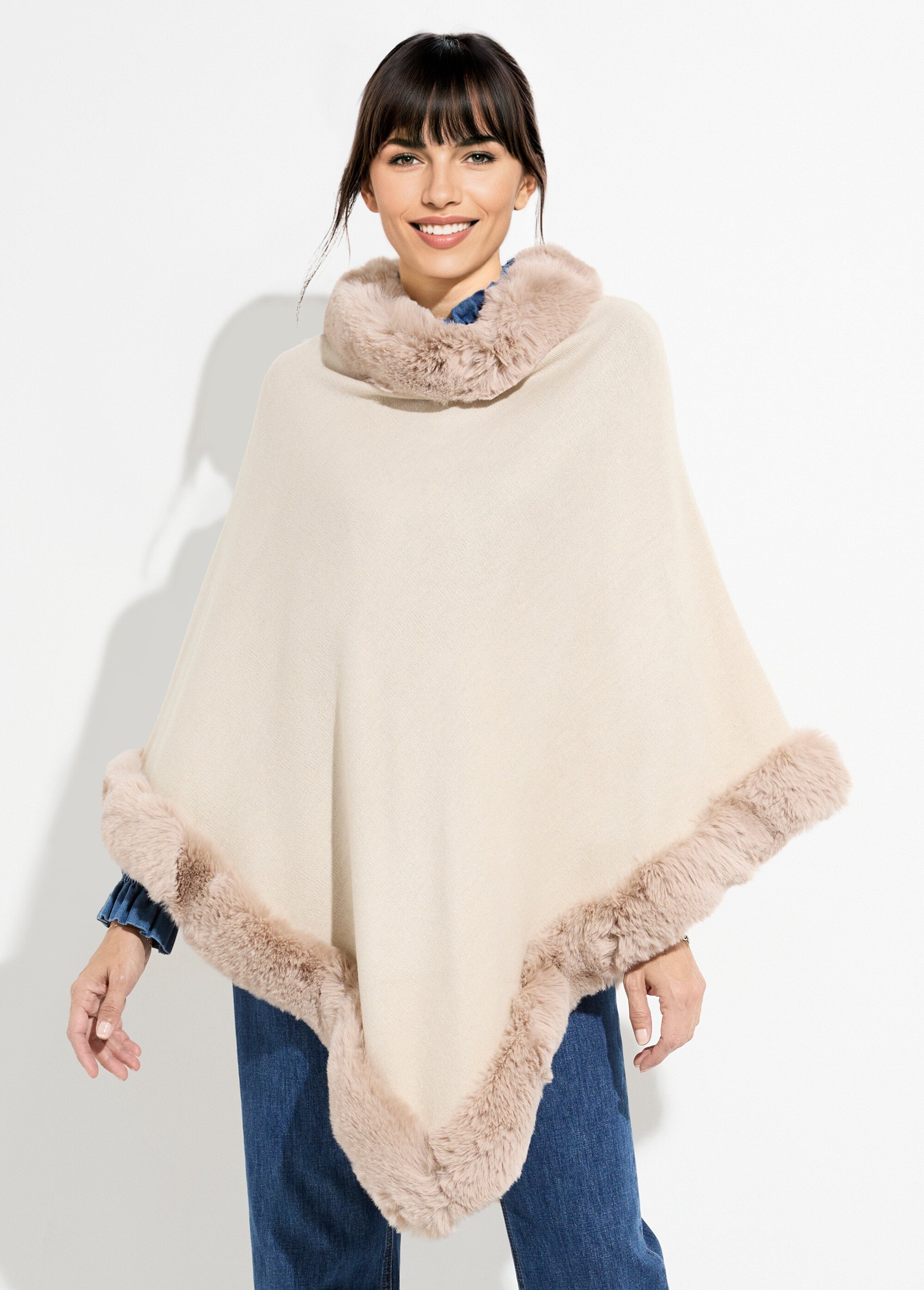 Pull cape, bord fourrure ton sur ton Femme Beige TD-TRIPCH911 FA1