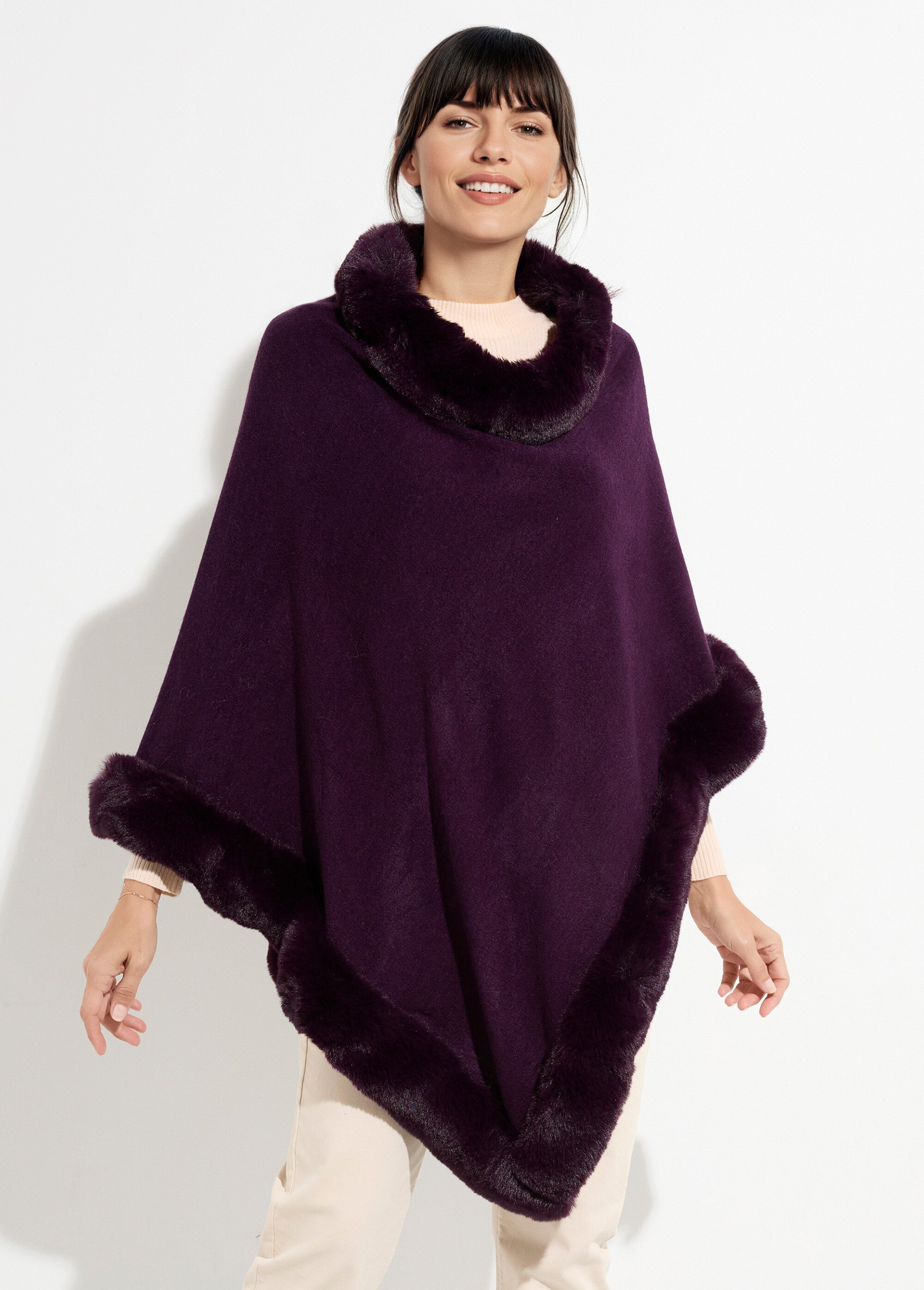 Pull cape, bord fourrure ton sur ton Femme Violet TD-TRIPCH911 FA1