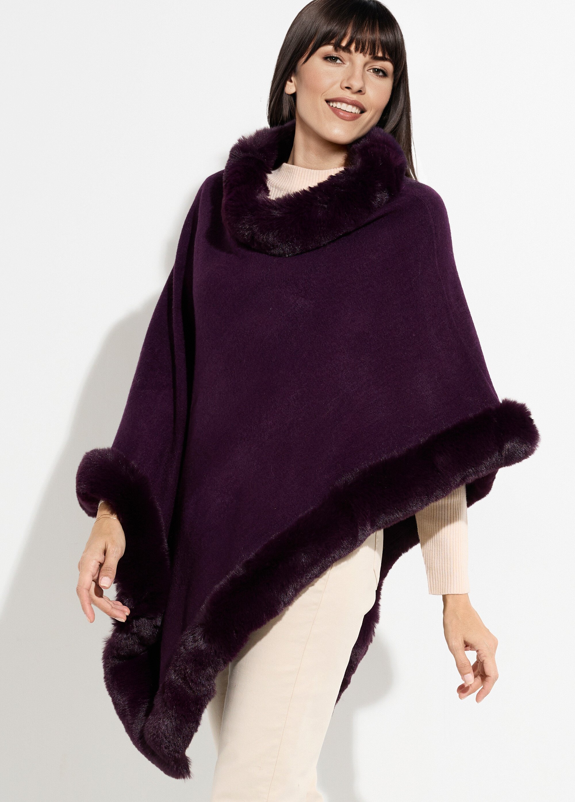 Pull cape, bord fourrure ton sur ton Femme Violet TD-TRIPCH911 MV1