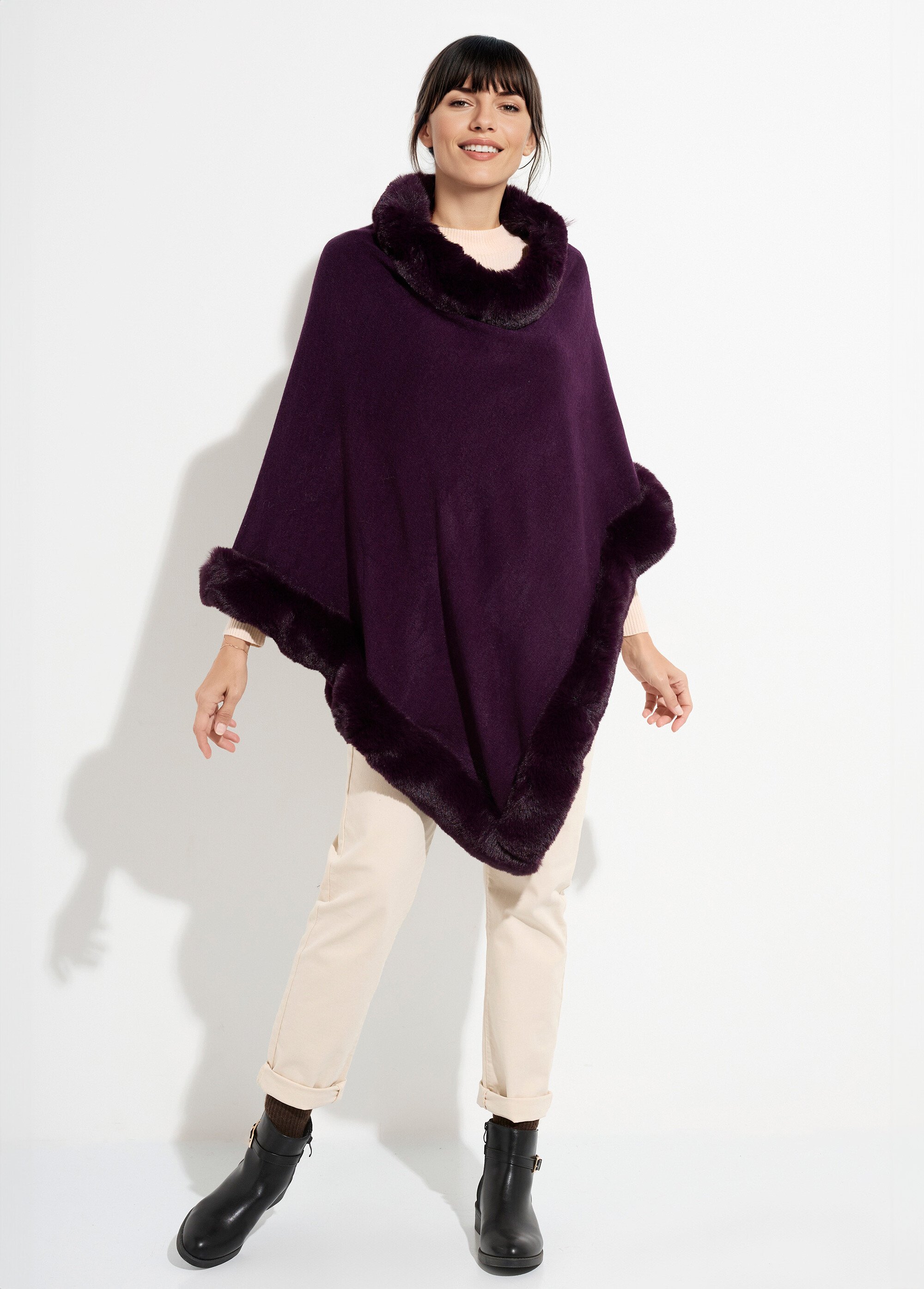 Pull cape, bord fourrure ton sur ton Femme Violet TD-TRIPCH911 SF1