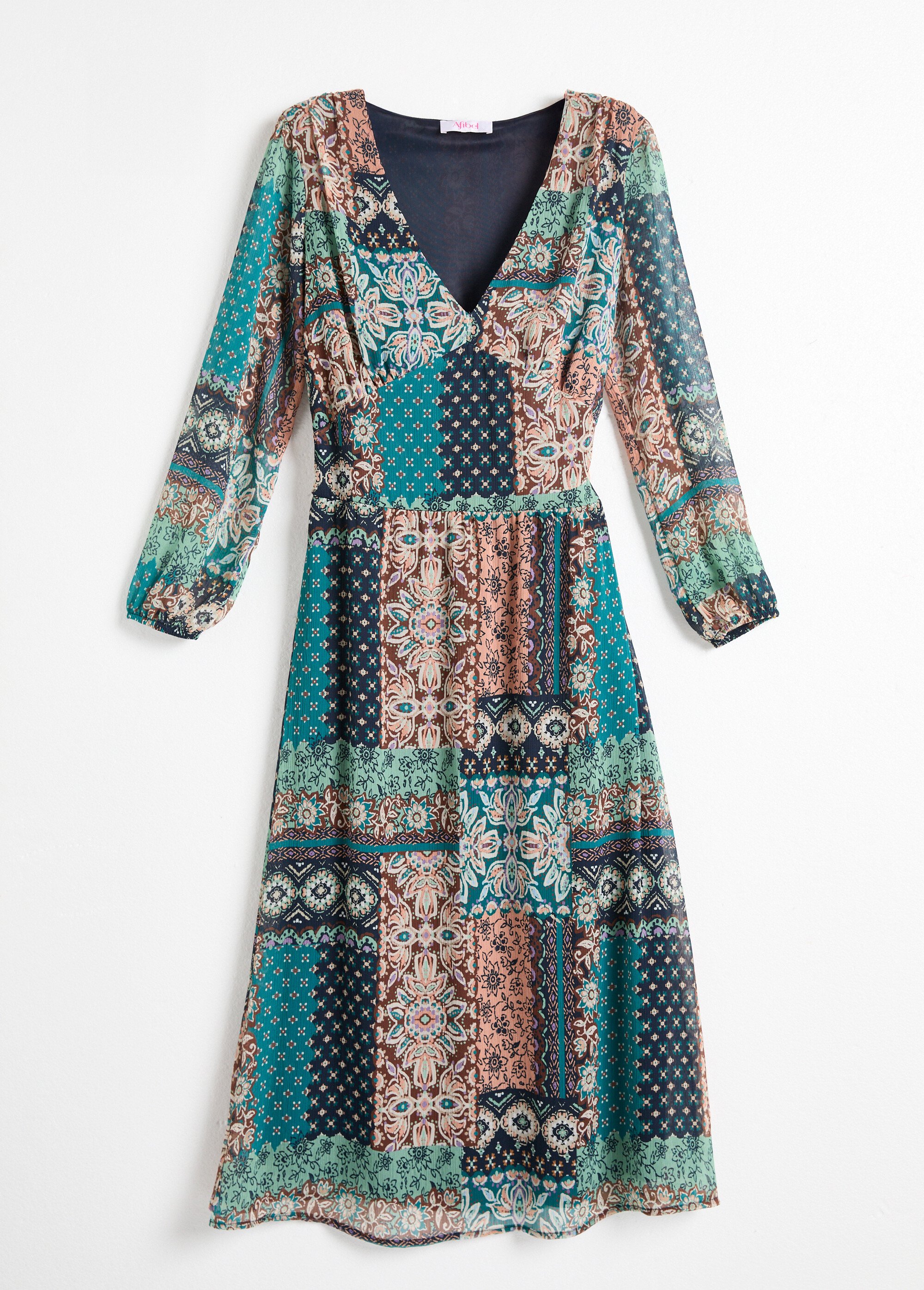 Robe longue voile crépon imprimé patchwork Femme Vert HAXELLE AP1