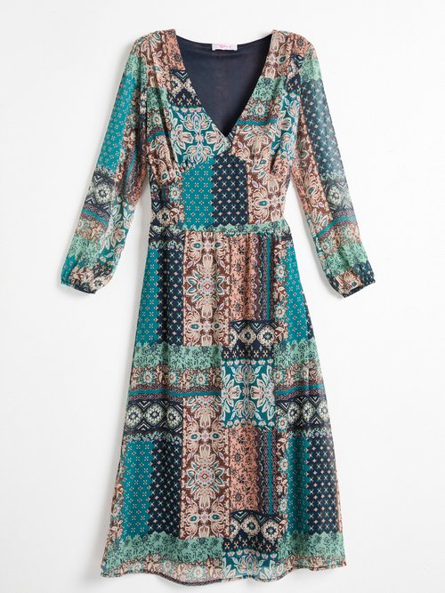 Robe longue voile crépon imprimé patchwork Femme Vert HAXELLE AP1