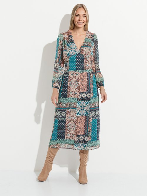 Robe longue voile crépon imprimé patchwork Femme Vert HAXELLE FA1