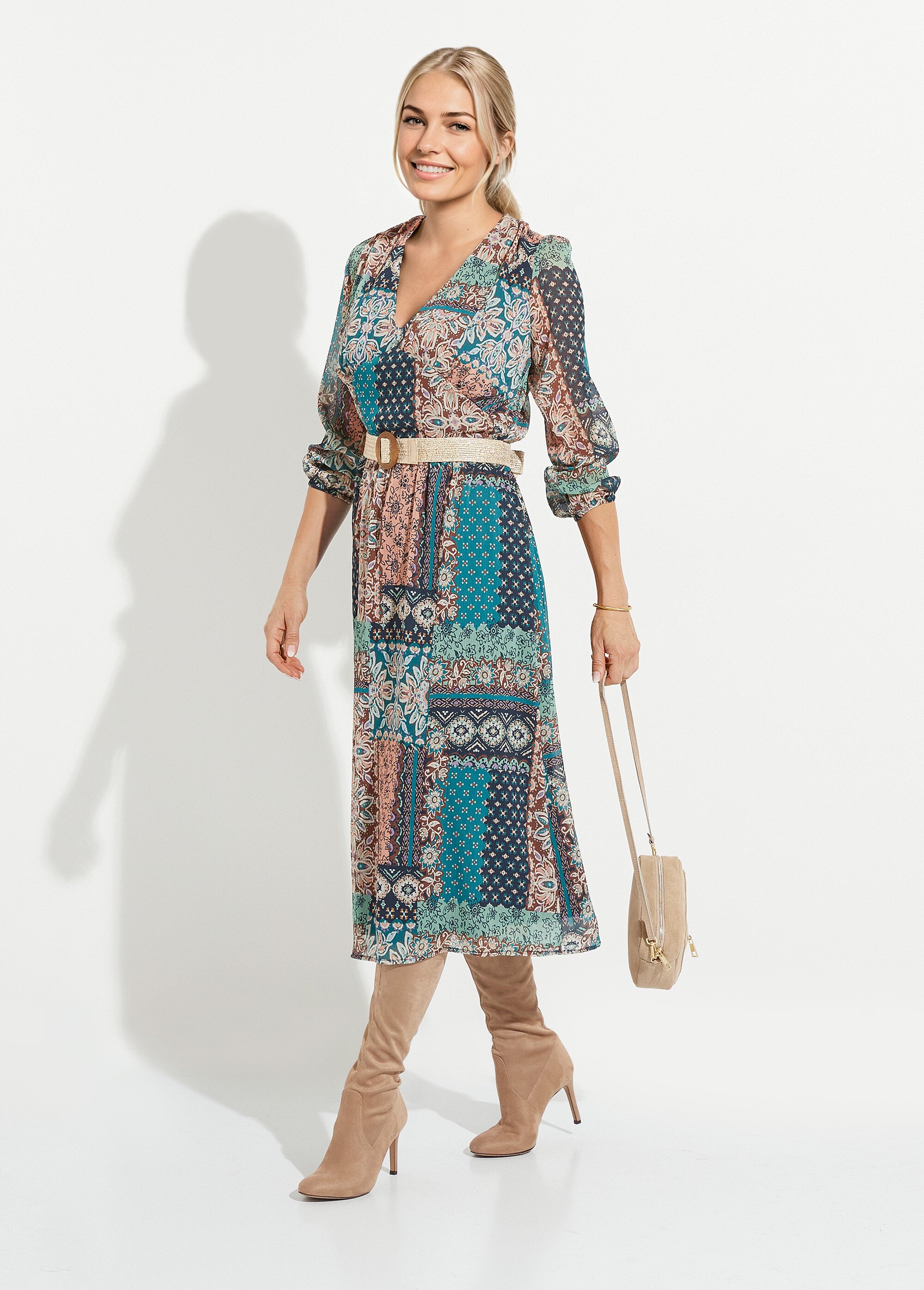 Robe longue voile crépon imprimé patchwork Femme Vert HAXELLE MV1