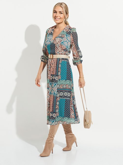 Robe longue voile crépon imprimé patchwork Femme Vert HAXELLE MV1