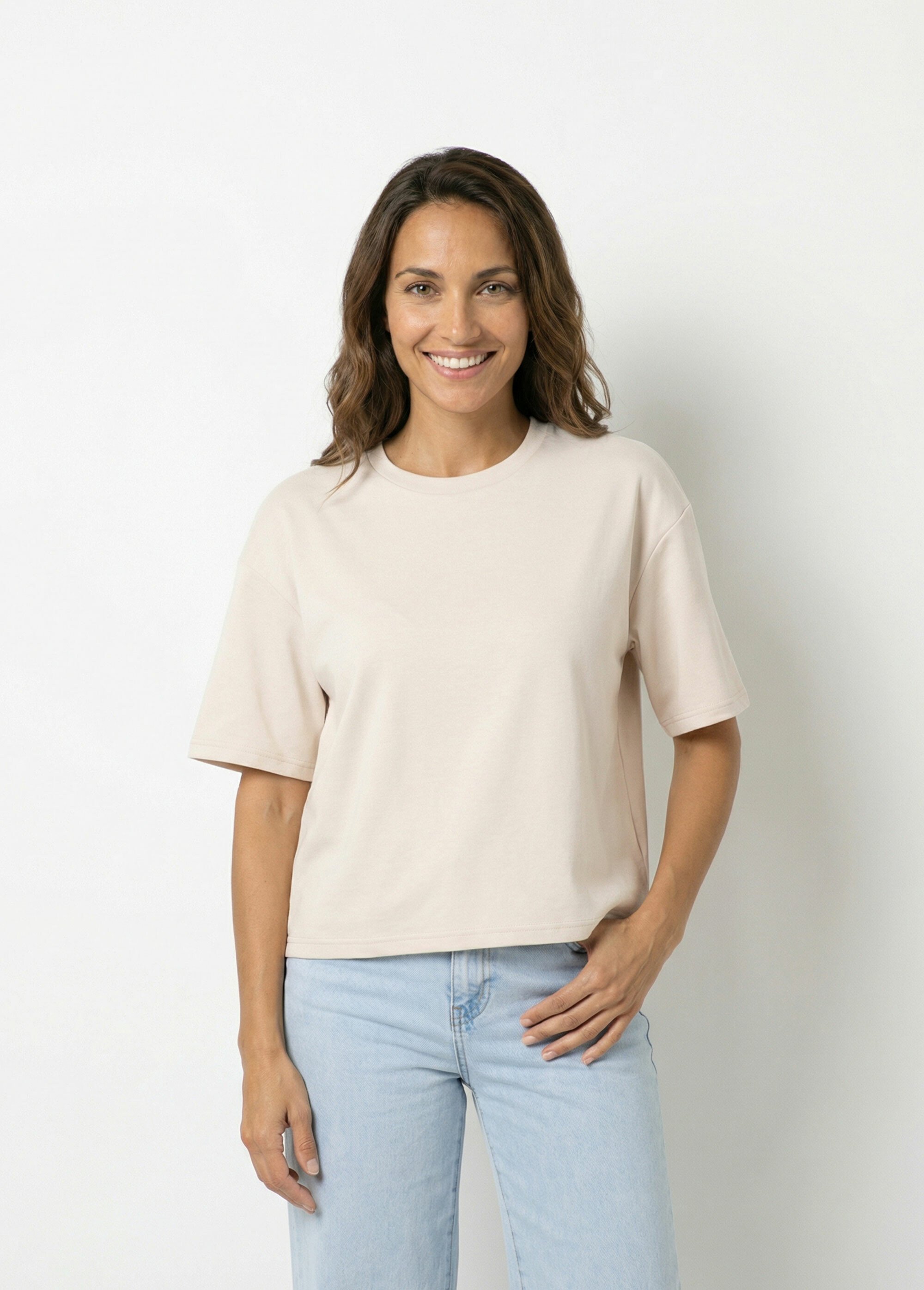 T-shirt loose extensible manches courtes Femme Beige PNL-SK13553 FA1