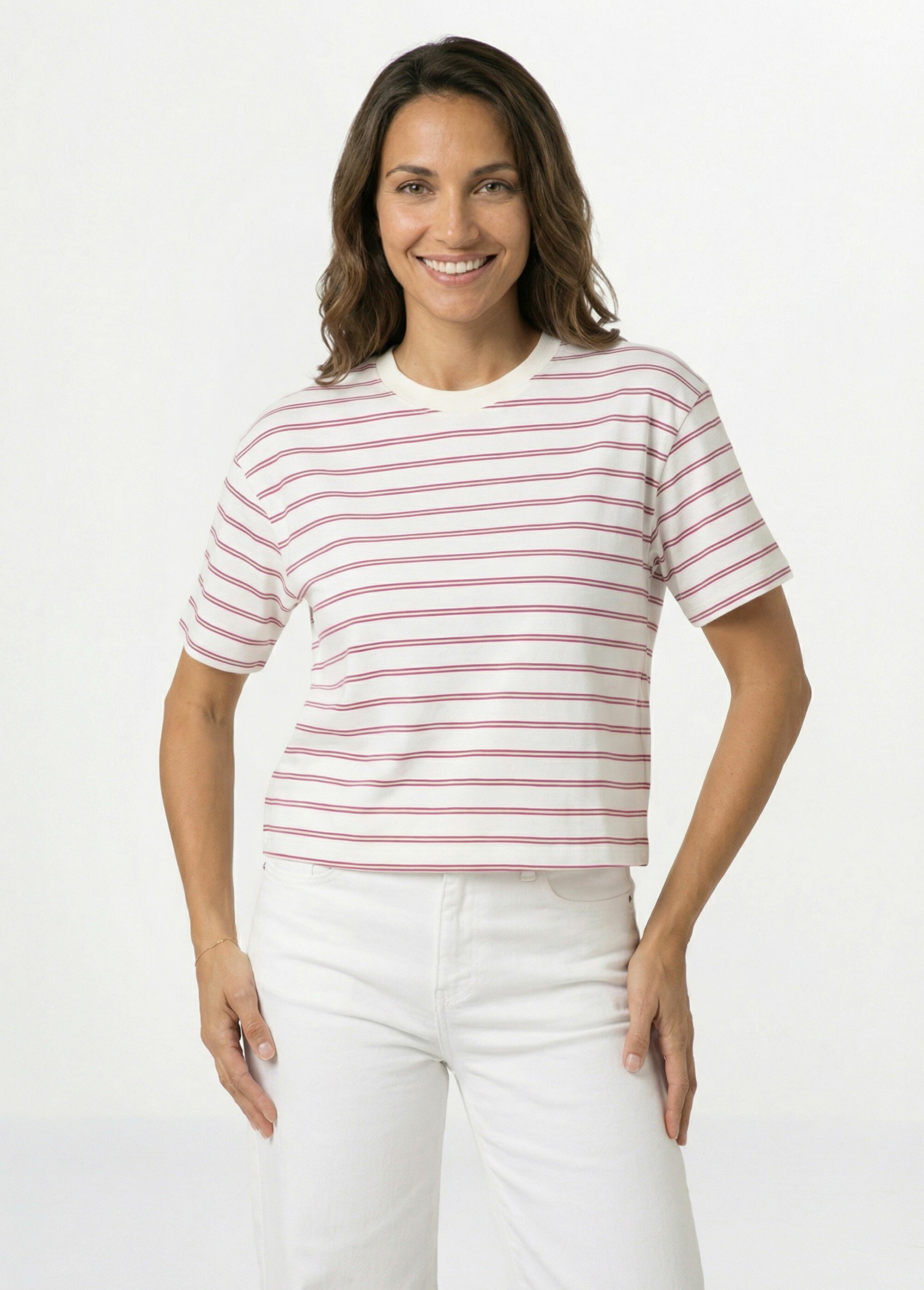 T-shirt manches courtes rayures vintage Femme Beige PNL-SK13509 FA1