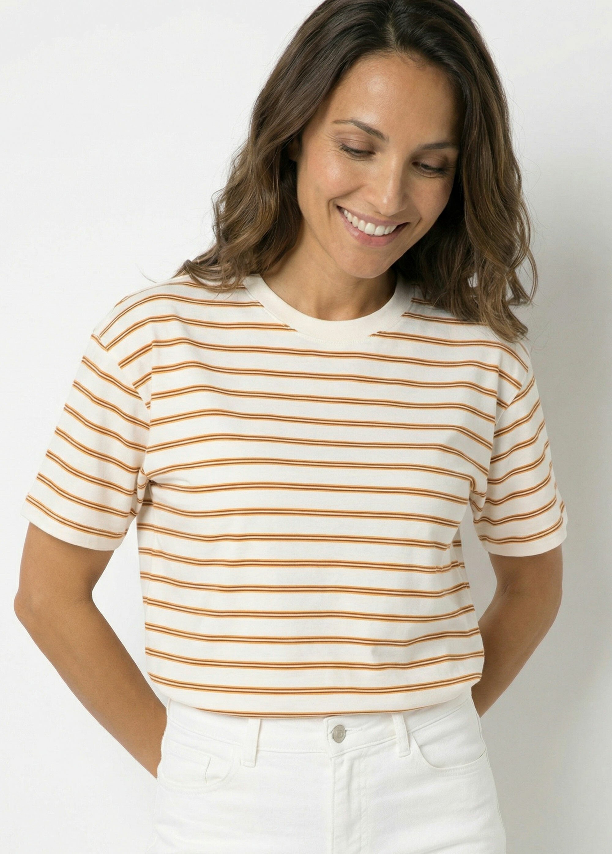 T-shirt manches courtes rayures vintage Femme Beige PNL-SK13509 MV1