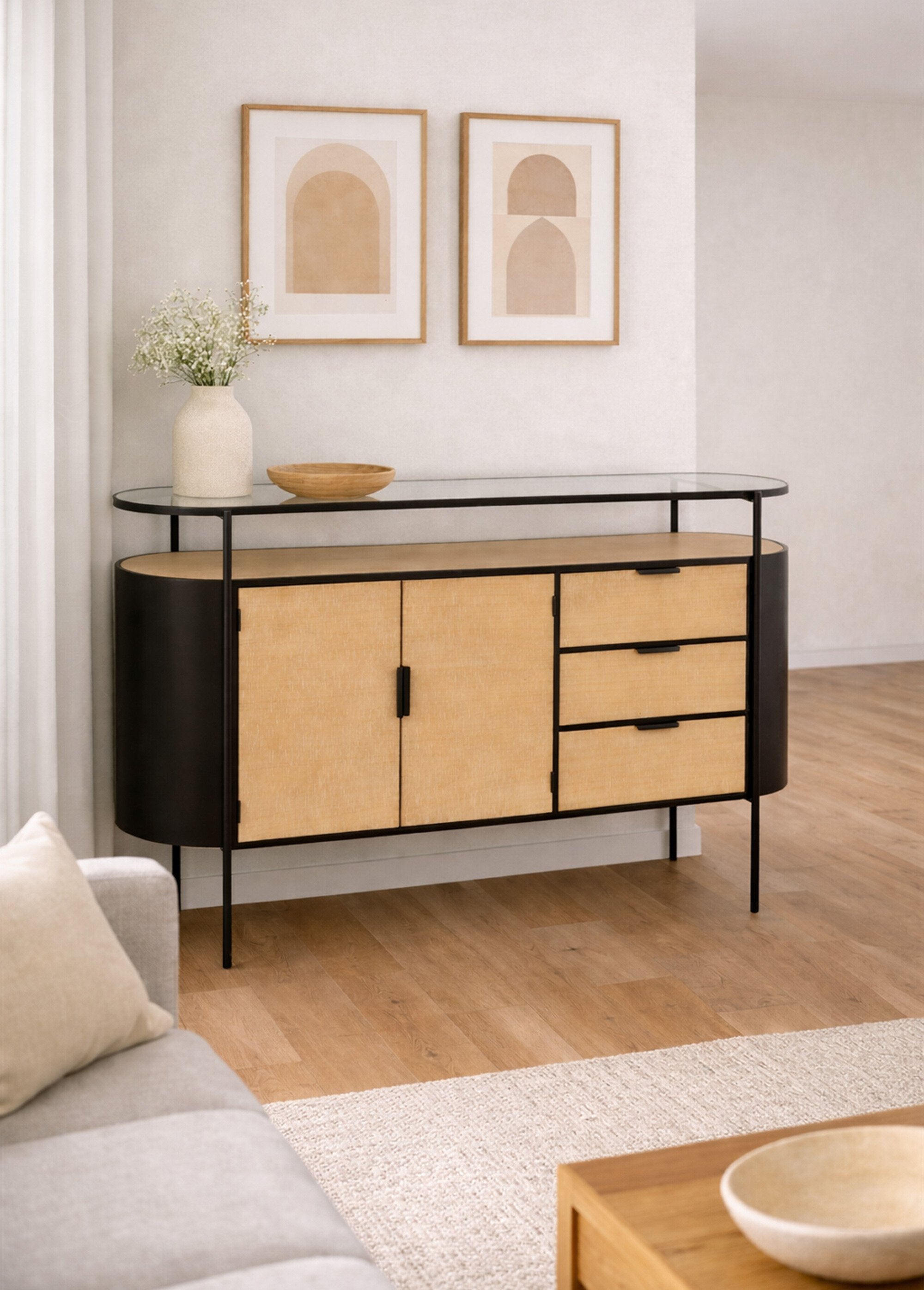 Buffet ovale chic métal, bois et verre BEIGE JP-57582 SI1