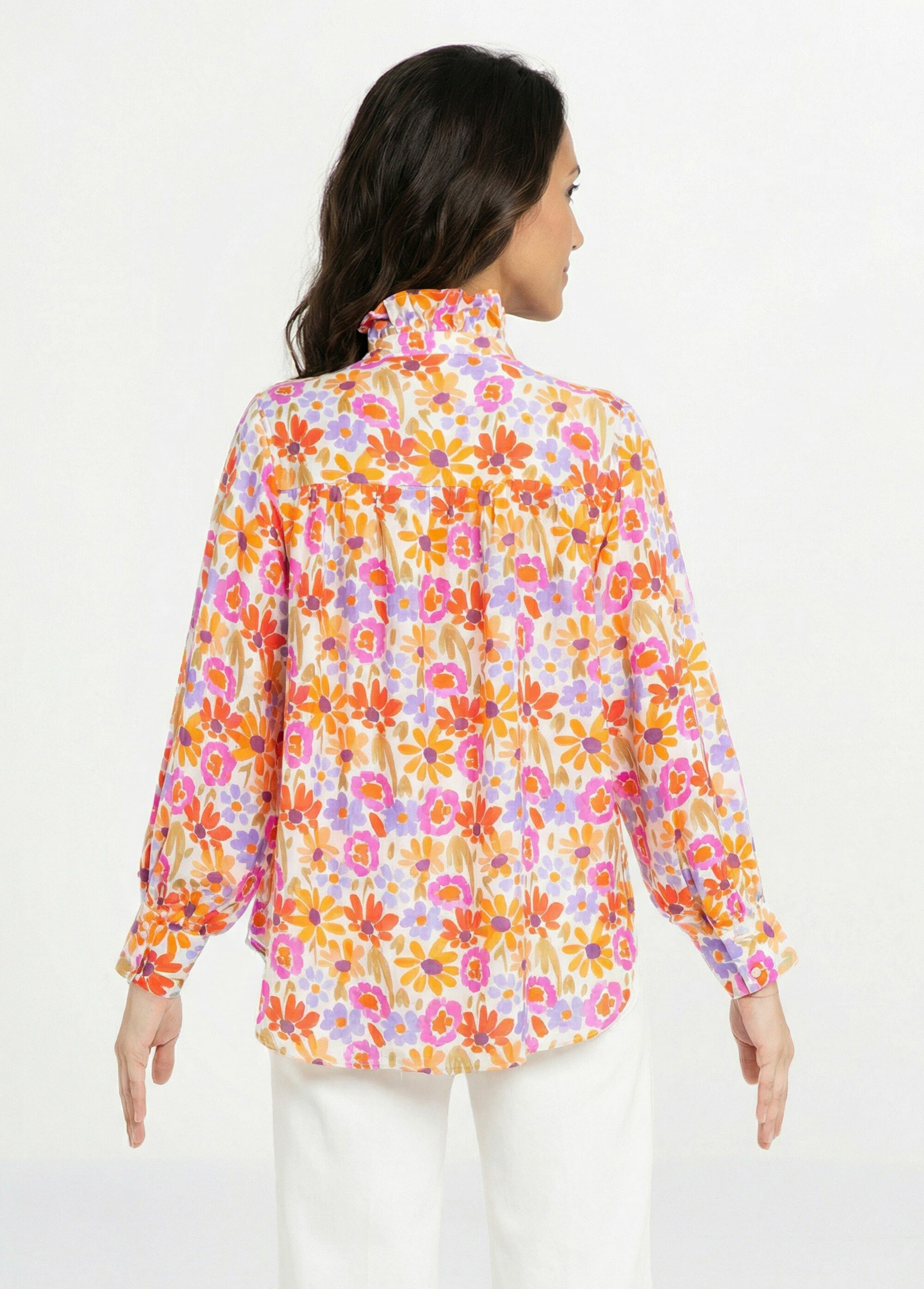 Chemisier fleuri pop, col volanté Femme Orange IA-R6621 DO1