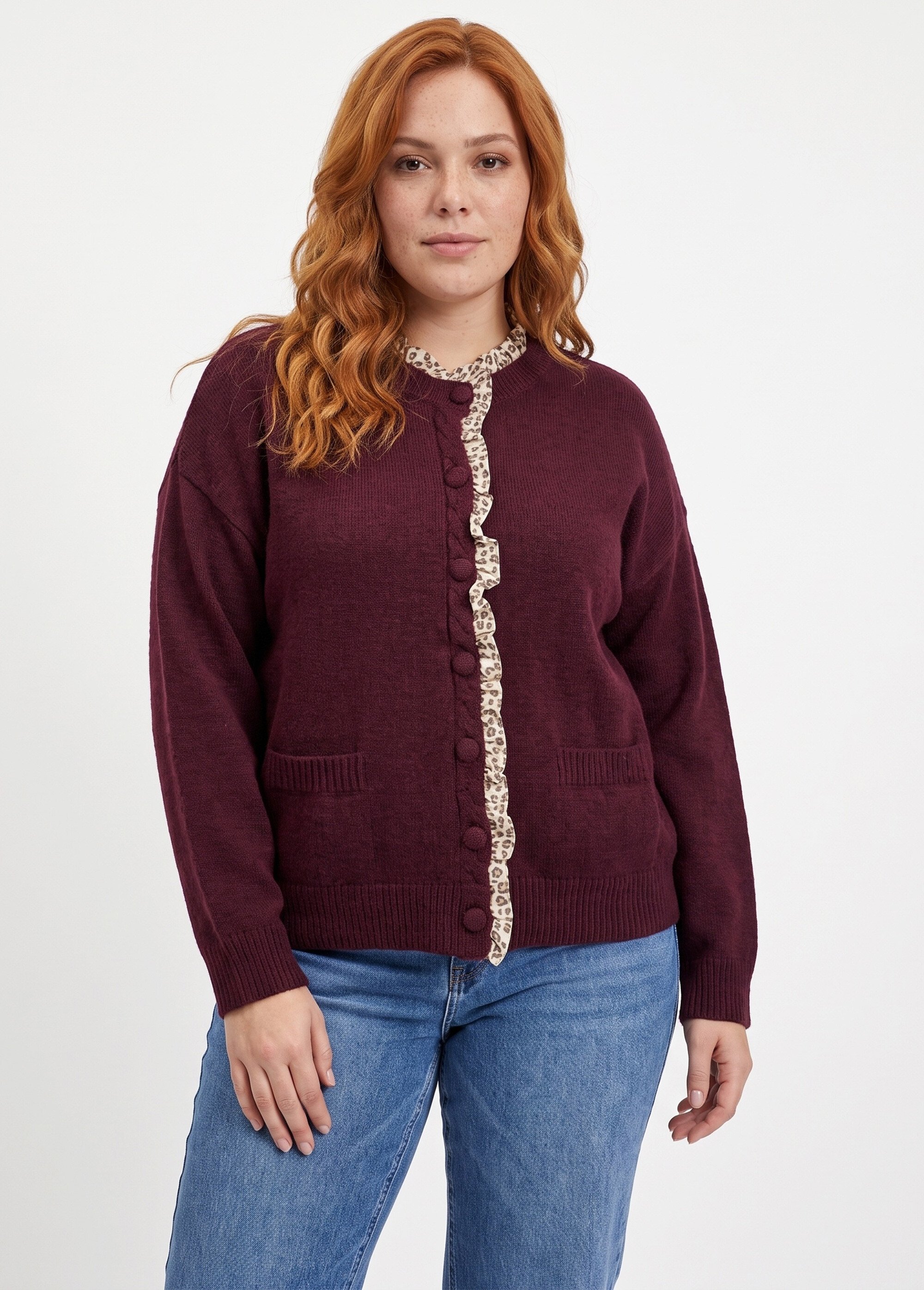 Gilet maille et détails plissés animalier Femme Grande Taille Rouge MA-F78018 FA1