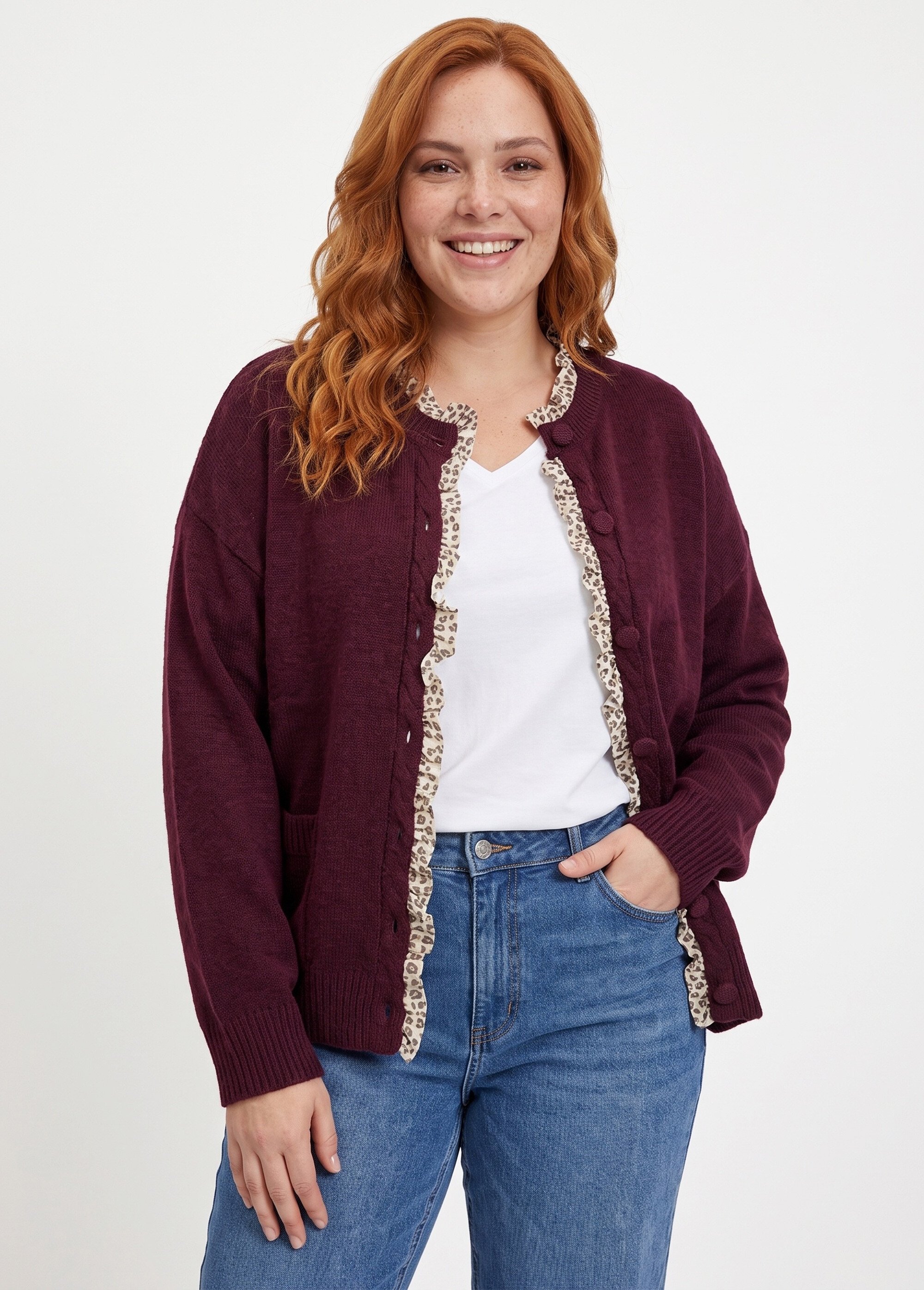 Gilet maille et détails plissés animalier Femme Grande Taille Rouge MA-F78018 MV1