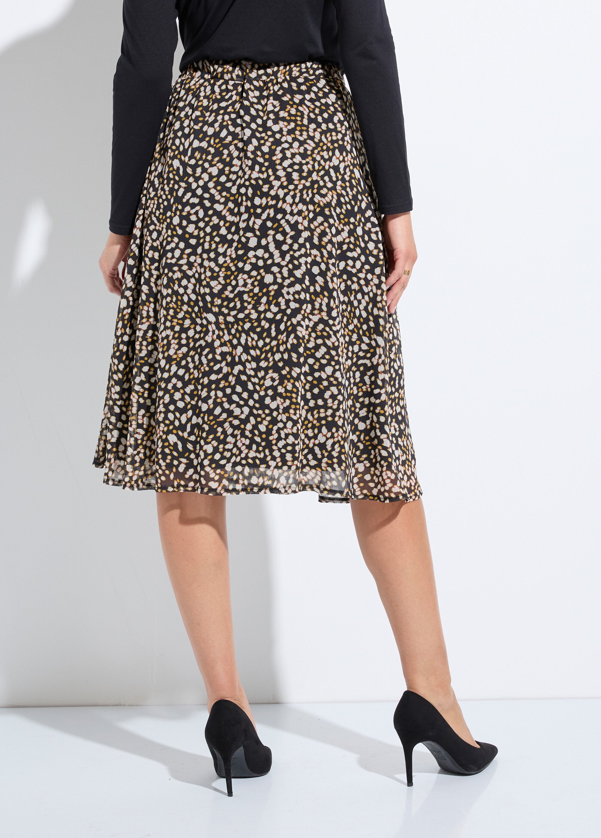 Jupe évasée mi-longue voile imprimé doublé Femme Noir LYSCO DO1