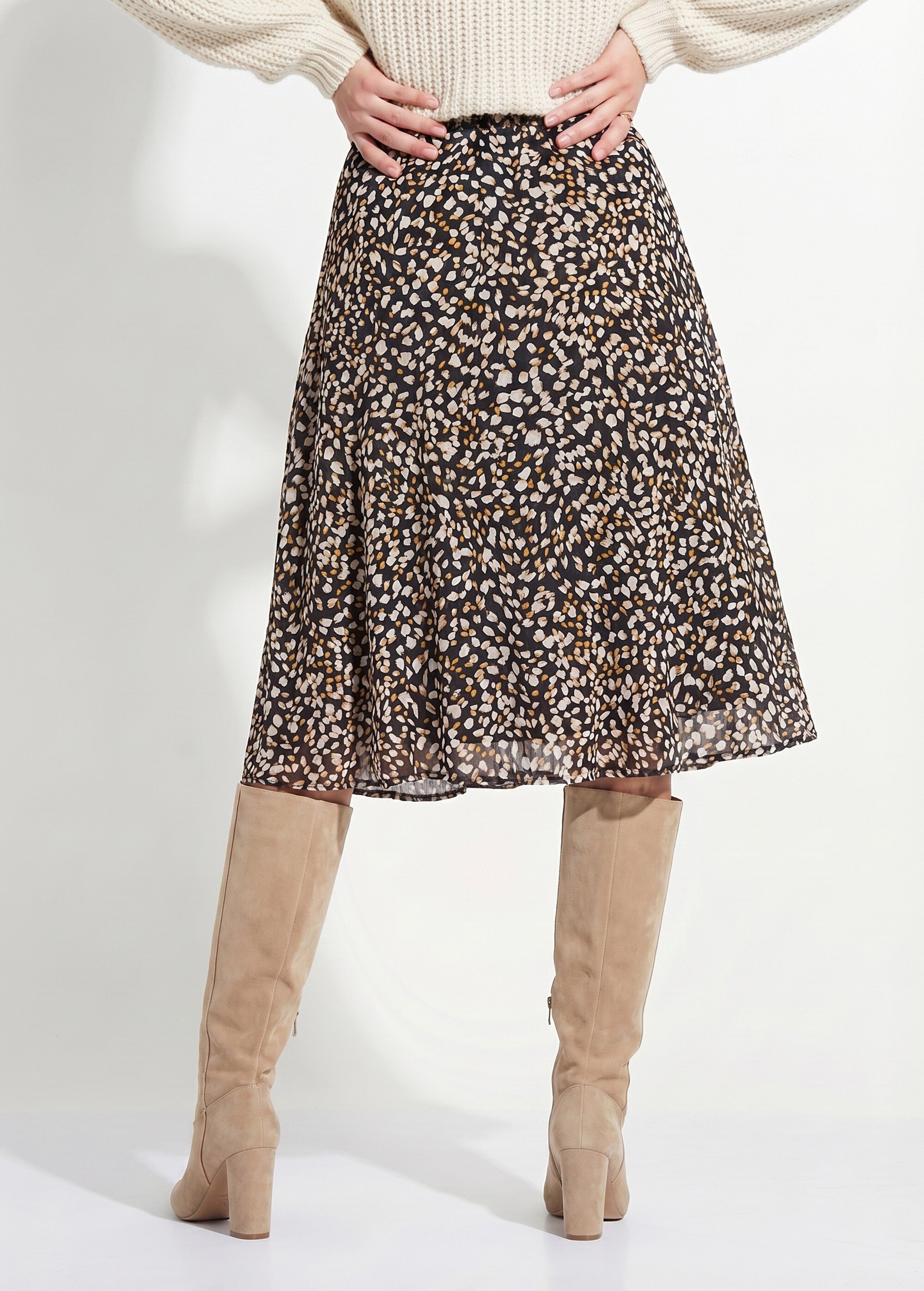 Jupe évasée mi-longue voile imprimé doublé Femme Noir LYSCO DO1