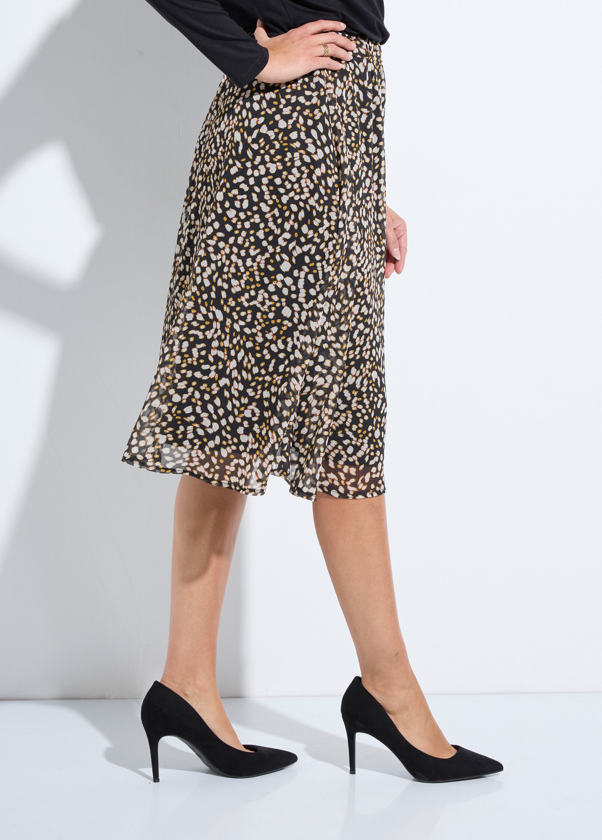 Jupe évasée mi-longue voile imprimé doublé Femme Noir LYSCO DR1