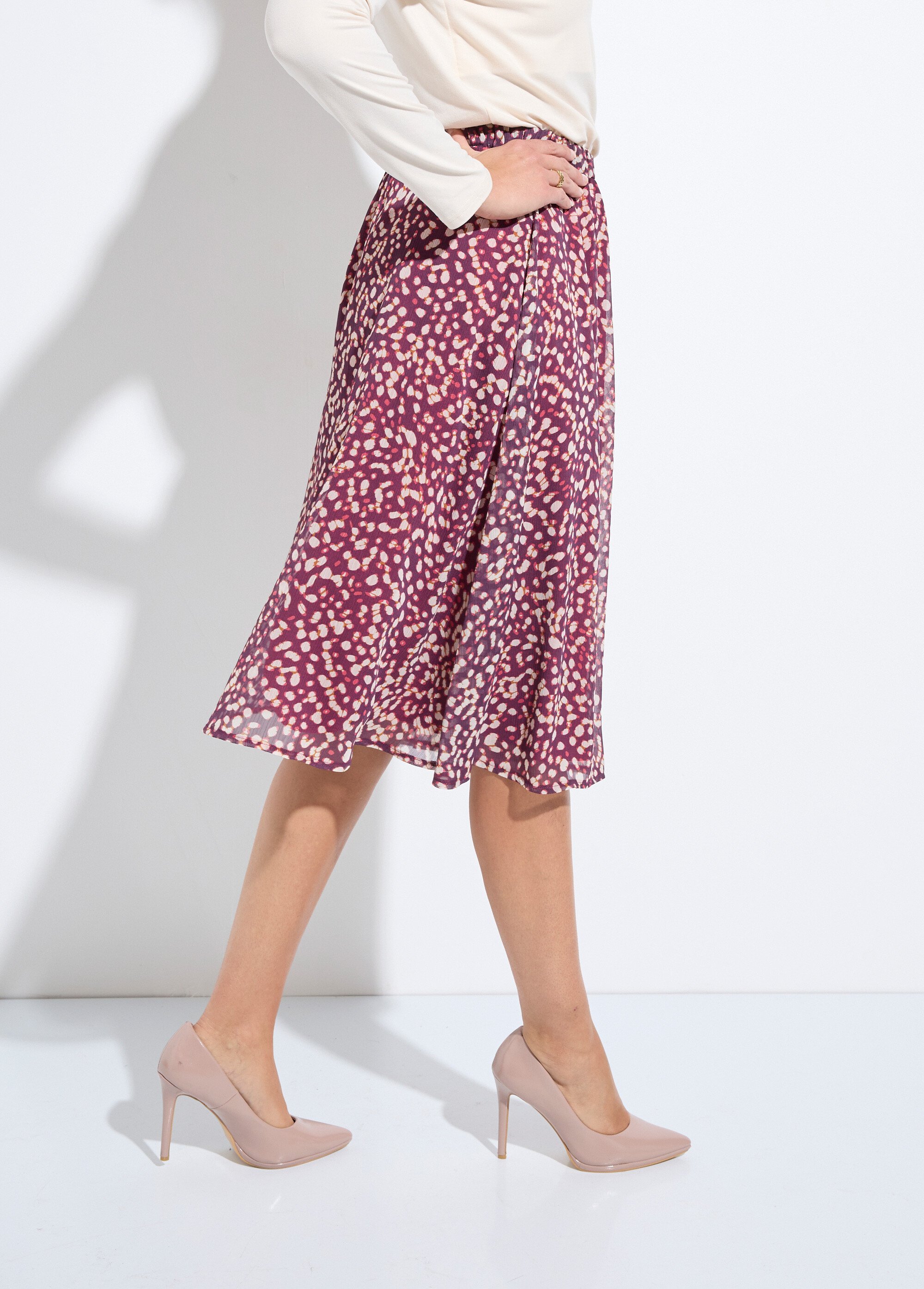 Jupe évasée mi-longue voile imprimé doublé Femme VIOLET ET ECRU LYSCO DR1
