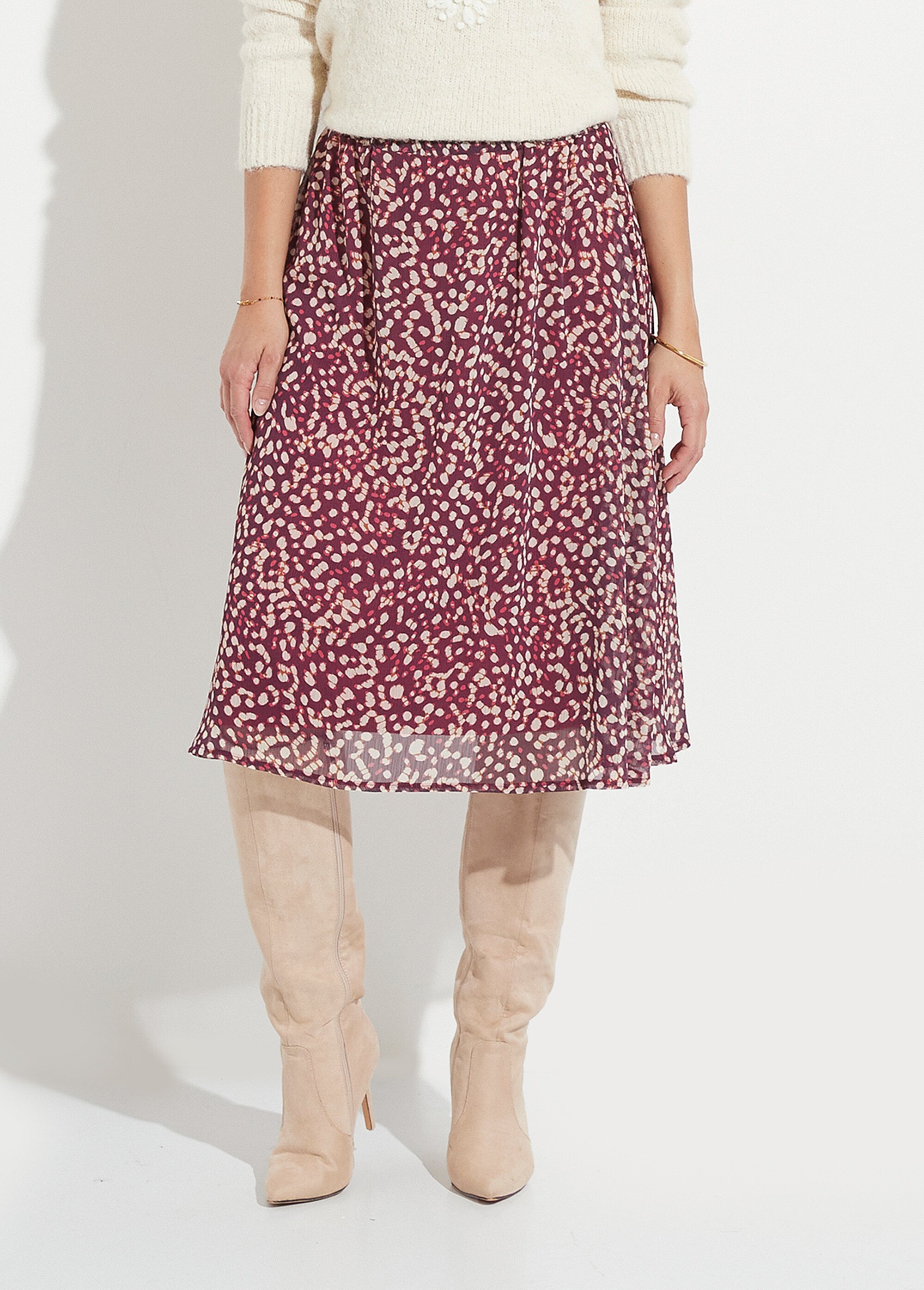 Jupe évasée mi-longue voile imprimé doublé Femme VIOLET ET ECRU LYSCO FA1