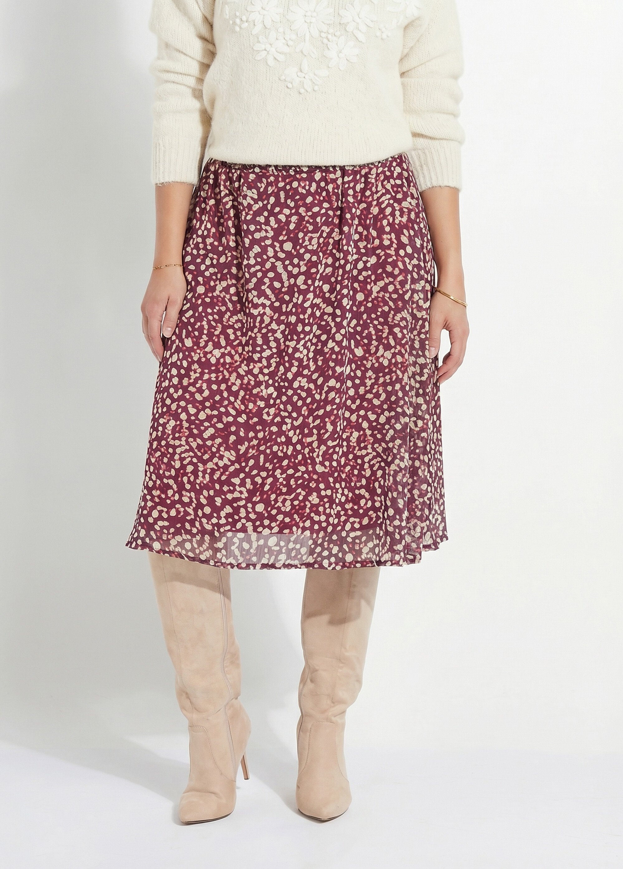 Jupe évasée mi-longue voile imprimé doublé Femme VIOLET ET ECRU LYSCO FA1