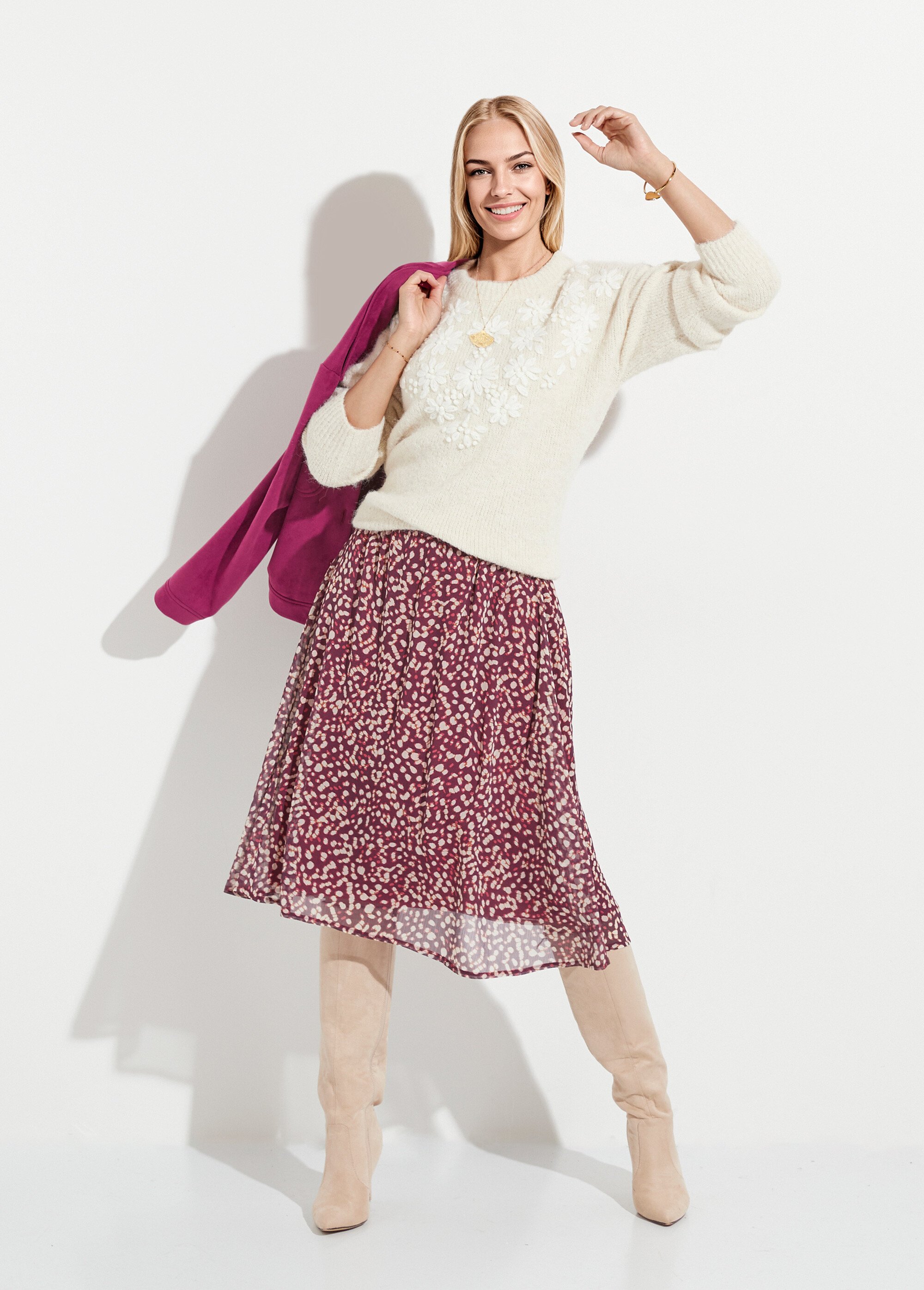 Jupe évasée mi-longue voile imprimé doublé Femme VIOLET ET ECRU LYSCO MV1