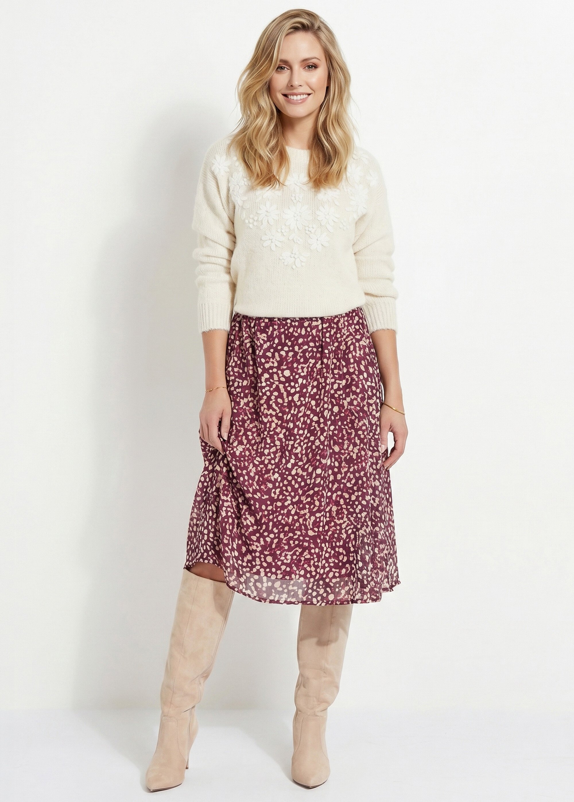 Jupe évasée mi-longue voile imprimé doublé Femme VIOLET ET ECRU LYSCO MV1