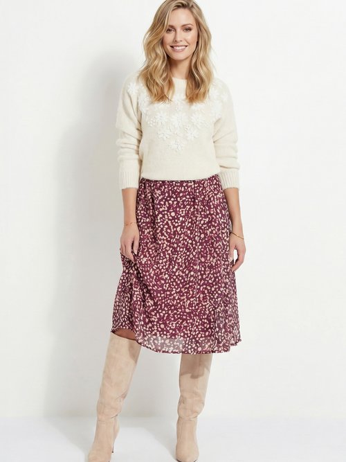 Jupe évasée mi-longue voile imprimé doublé Femme VIOLET ET ECRU LYSCO MV1