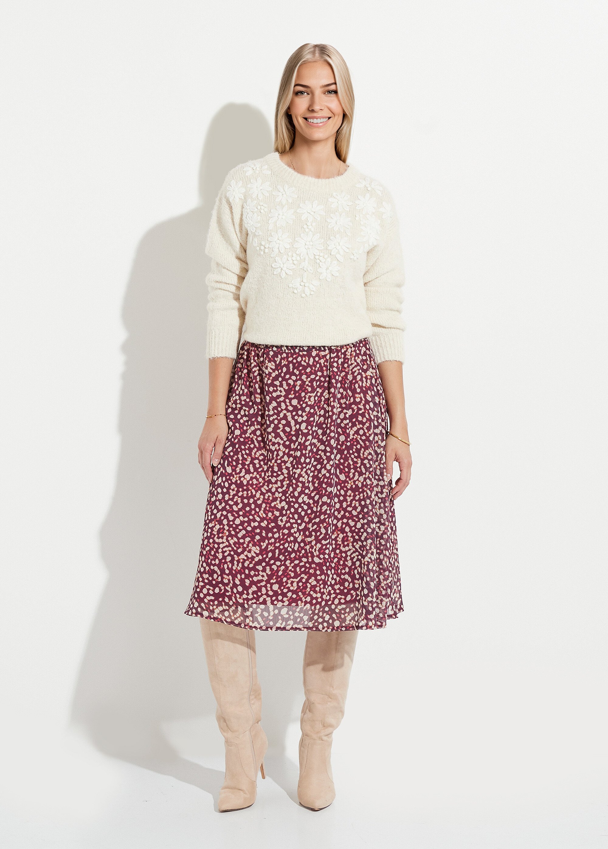 Jupe évasée mi-longue voile imprimé doublé Femme VIOLET ET ECRU LYSCO SF1