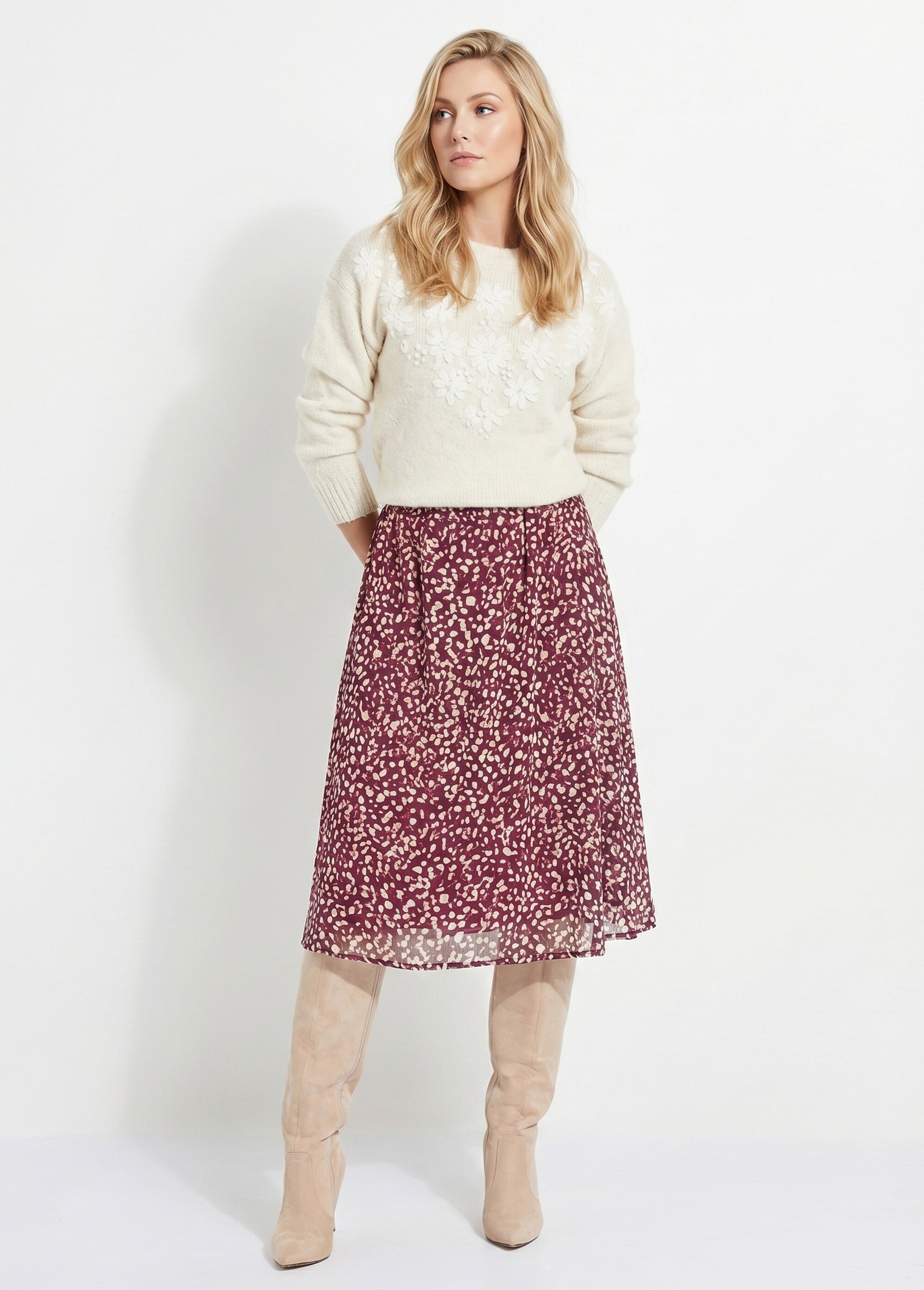 Jupe évasée mi-longue voile imprimé doublé Femme VIOLET ET ECRU LYSCO SI1