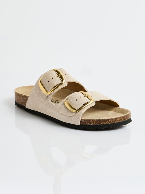 Mules ergonomiques compensées cuir à boucles Femme Beige OHIO FA1